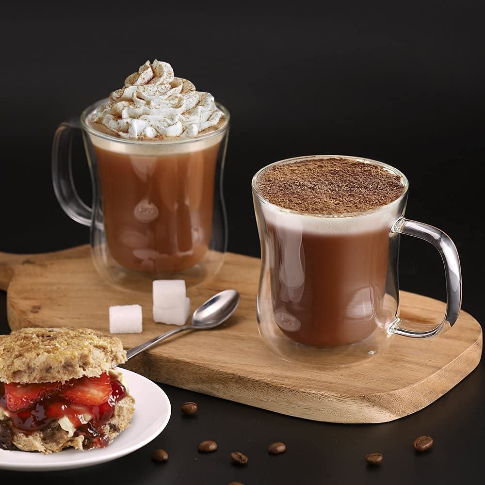 Ecooe 12 oz Double Walled Glass Coffee Mug Set of 2 - Insulated Borosilicate Heat Resistant Cups for Latte, Cappuccino & Tea - Perfect for Home, Office & Gifts