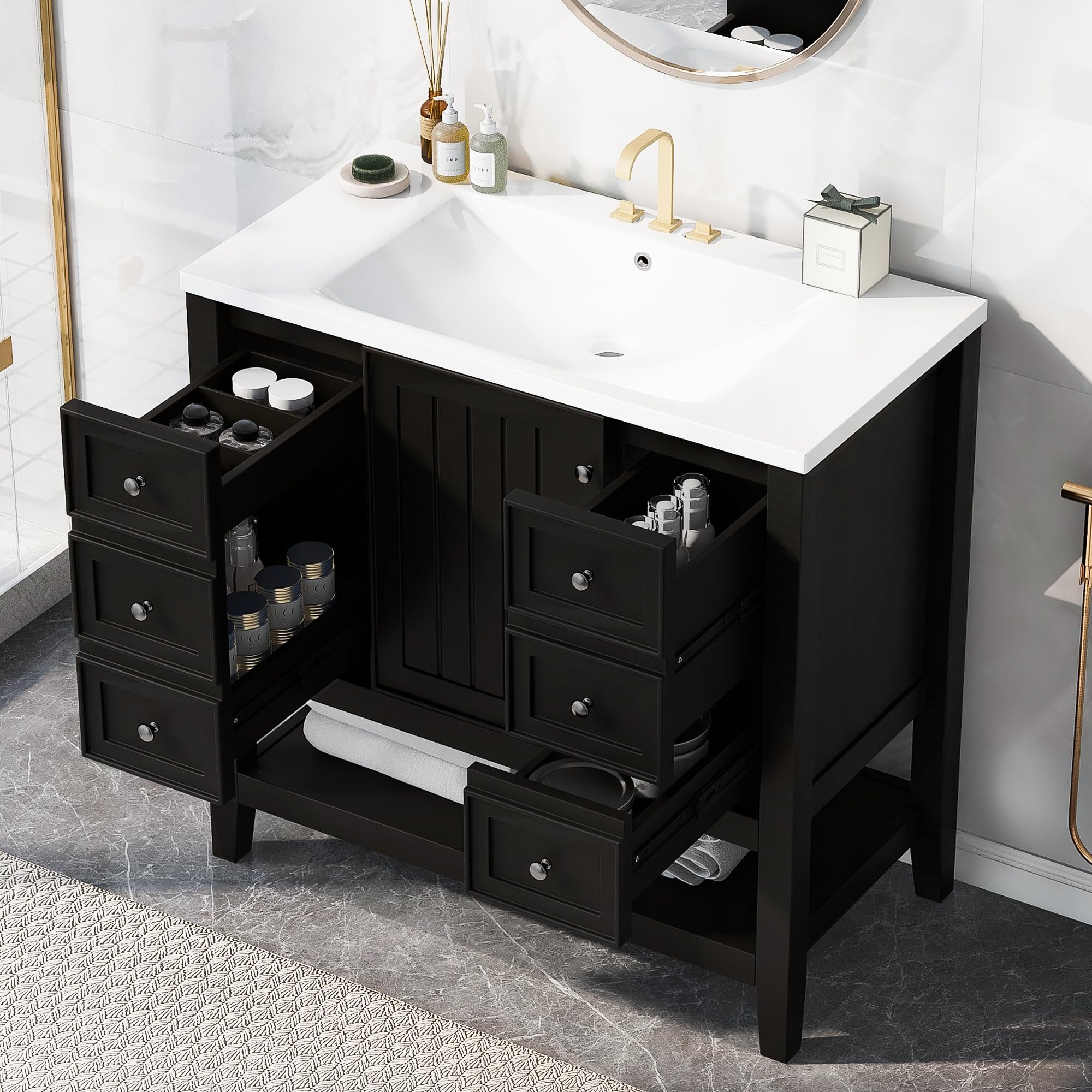 Harper & Bright Designs 36 Inch Bathroom Vanity with Sink - Freestanding Single Basin Vanity Set with Cabinet & 3 Drawers - Wood Bathroom Cabinet with Ceramic Sink - Black - Perfect for Small Bathrooms, Powder Rooms & Master Baths