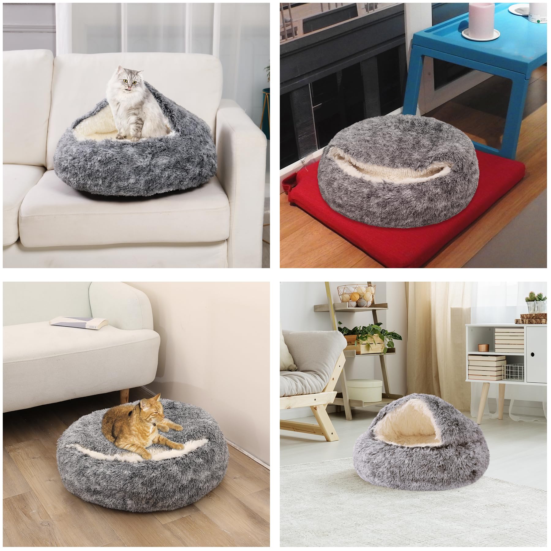 Round Hooded Dog & Cat Cave Bed - Plush Faux Fur Self-Warming Pet Bed with Removable Washable Cover - Cozy Burrowing Donut Bed for Puppies & Kittens - Perfect for Indoor Comfort, Winter Warmth & Anxiety Relief