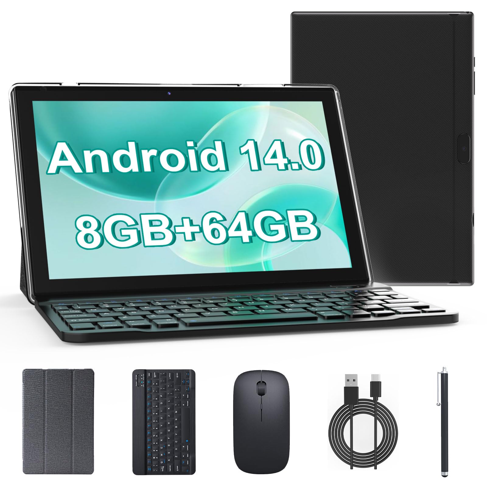 YQSAVIOR 10 Inch Android 14 Tablet - 2-in-1 Laptop with Keyboard, 8GB RAM + 64GB ROM + 1TB Expandable Storage, Quad Core Processor, 1280x800 HD Display, Dual Camera, WiFi & Bluetooth - Includes Protective Case, Mouse & Stylus (Black) - Perfect for Work, Study & Entertainment