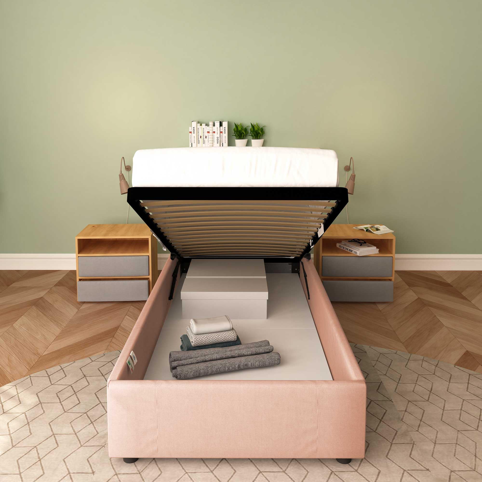 Baldiflex Square and Half Bed with Storage Container, Cloe Fabric Model, No Headboard, Slatted Base for Mattresses, 100 x 200 cm, Antique Pink - Perfect for Small Bedrooms, Guest Rooms & Kids' Rooms
