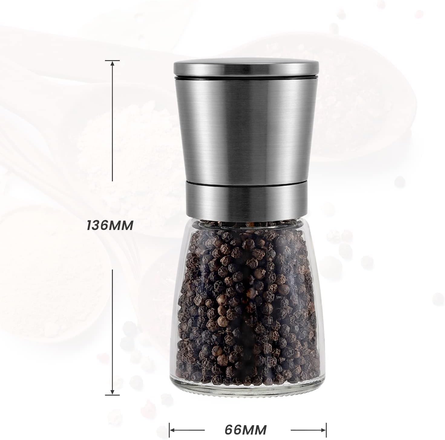 Premium Stainless Steel Salt and Pepper Grinder Set - Adjustable Ceramic Core Spice Mill with Glass Bottle - Perfect for Kitchen, Dining Table & Gourmet Cooking - Refillable Manual Pepper & Salt Shaker for Fresh Seasoning