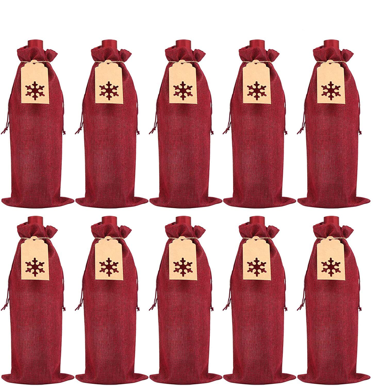 FINGOOO 12-Piece Burlap Wine Gift Bags with Drawstring - Christmas Wine Bottle Bags with 24 Snowflake Tags & Ropes for Holiday Parties, Winter Celebrations, and Festive Gifting
