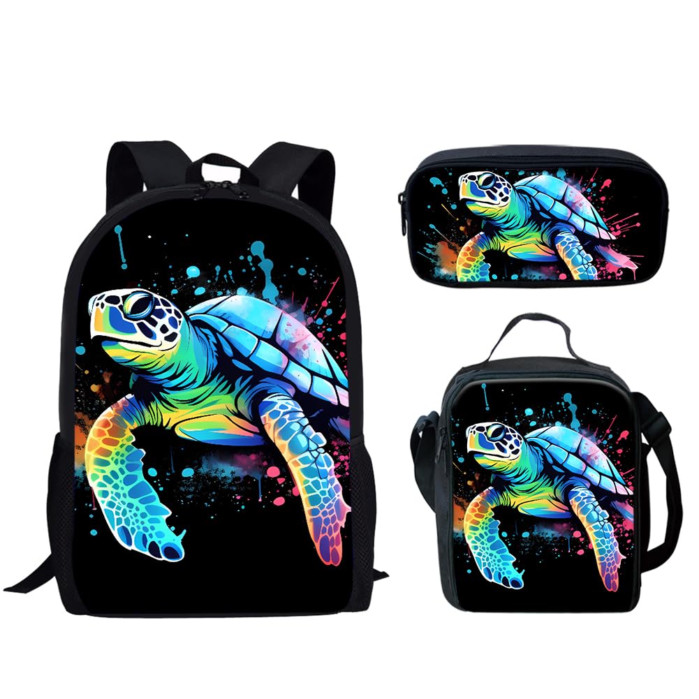 Stylish Forchrinse Bling Neon Sea Turtle Backpack Set with Personalized Lunch Box & Zipper Pencil Case - 3-Piece School Supply Kit for Boys & Girls | Perfect for School, Travel & Beach Outings