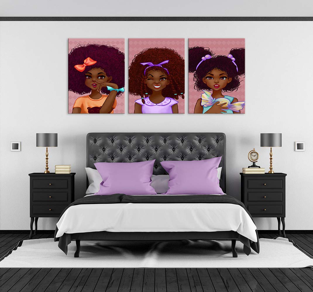 African American Girl Wall Art - 3 Panels Black Curly Hair Painting Print, Framed Ready to Hang Wall Decor for Bedroom, Living Room & Office - Perfect Hippie Style Gift for Women & Girls