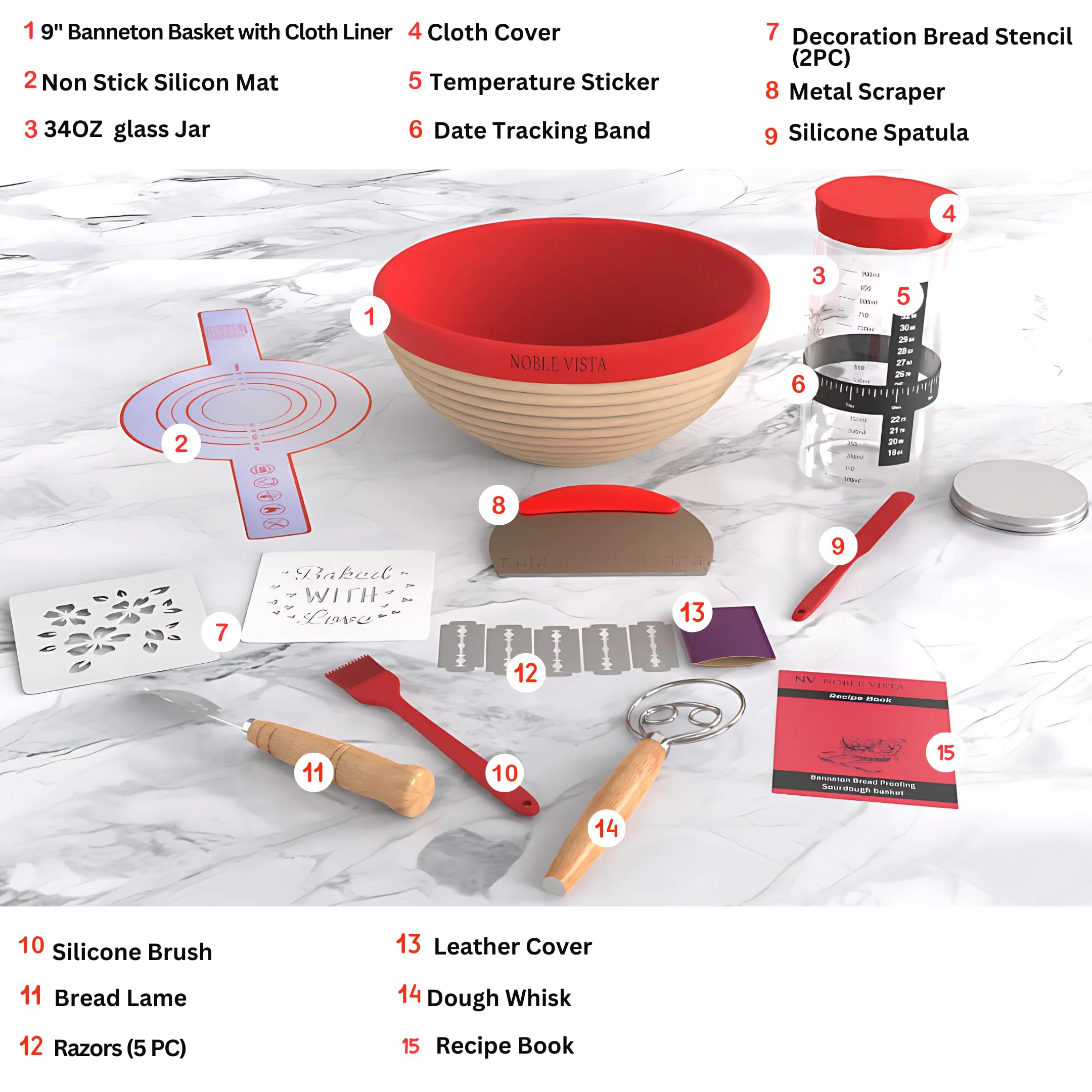 15-in-1 Sourdough Starter Kit - Complete Bread Baking Supplies with Glass Starter Jar, 9