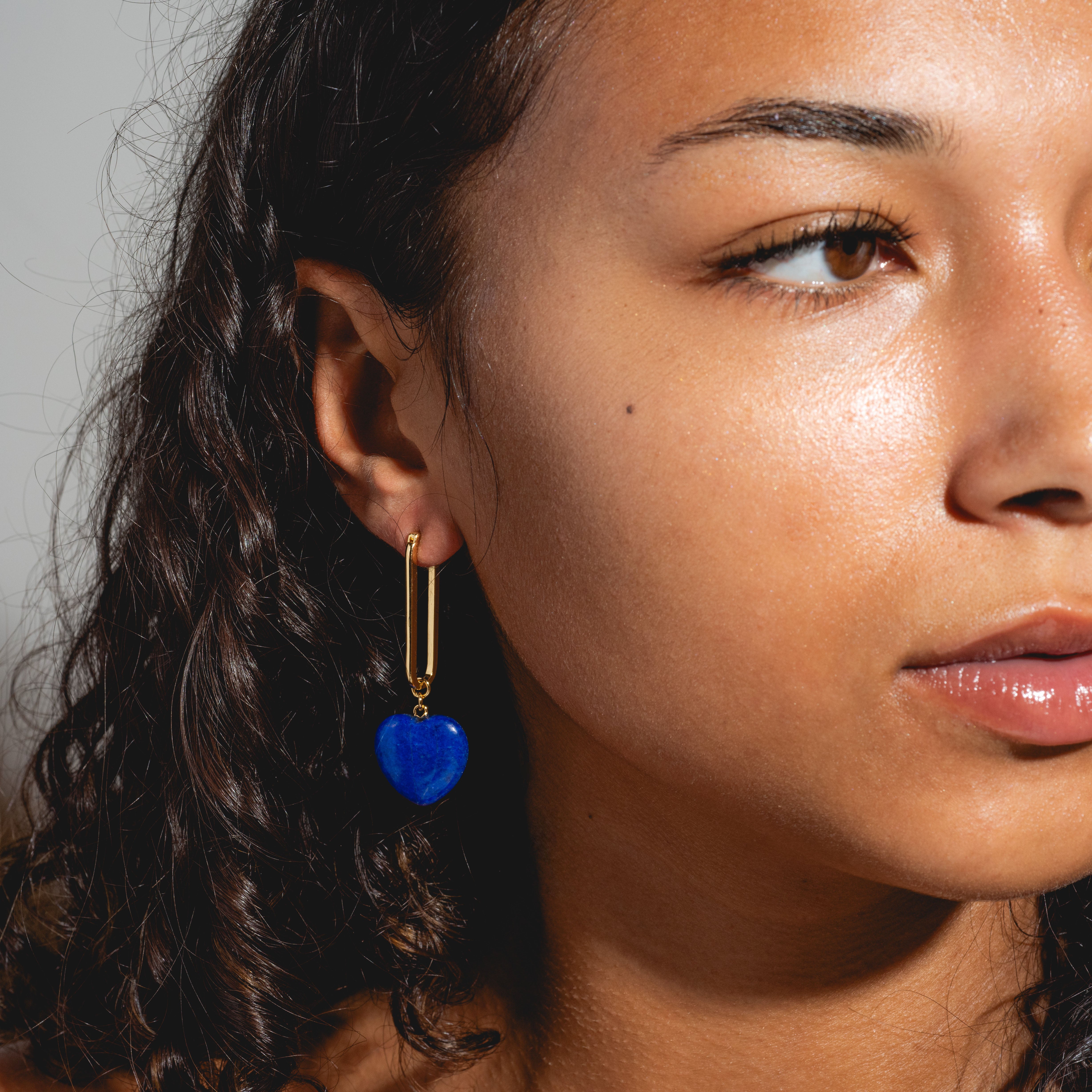 Gemstone Lapis Lazuli Heart Hoop Earrings - Blue Jewelry for Women, Dainty Boho Chic Accessories for Date Night & Special Occasions