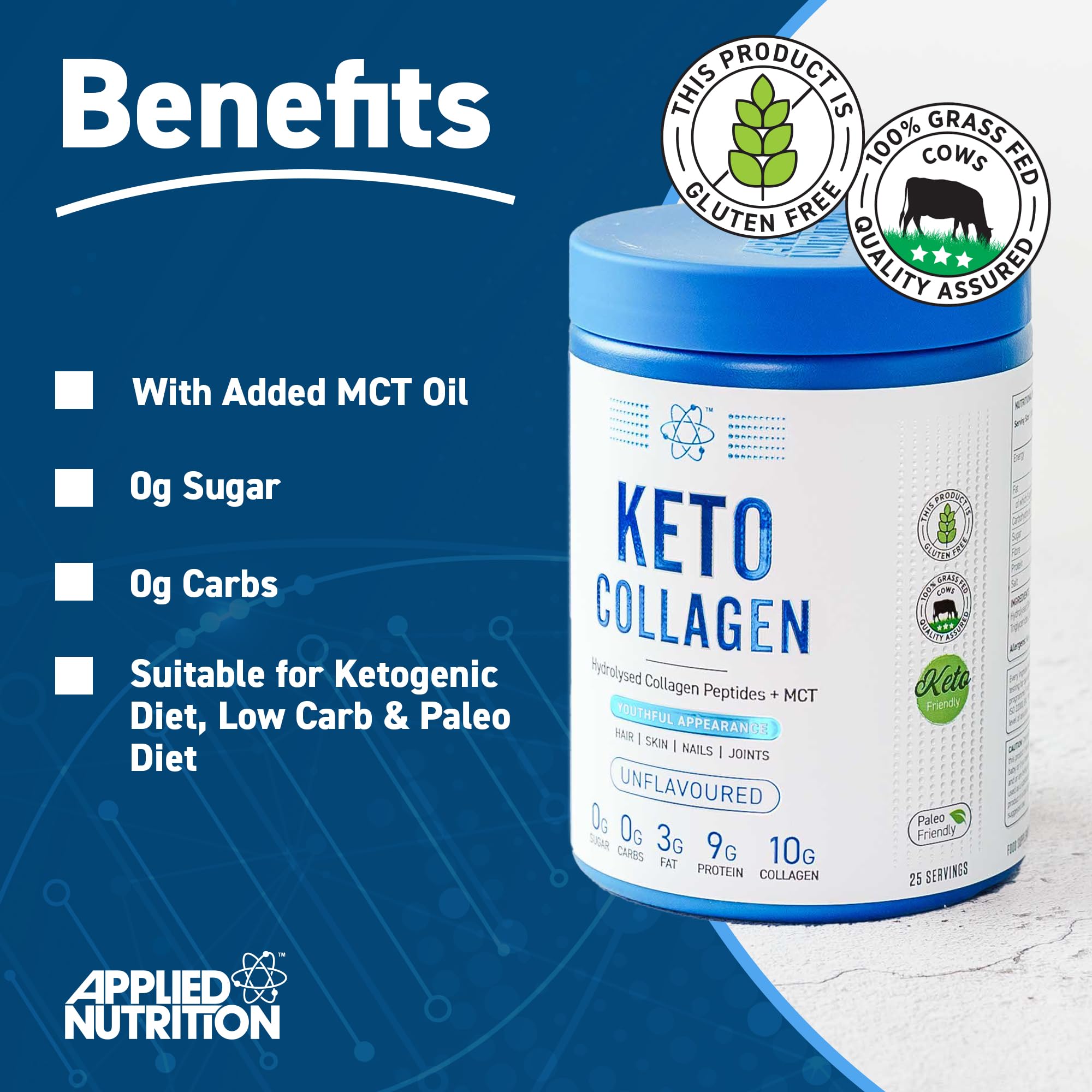 Applied Nutrition Keto Collagen Powder - Unflavored 325g | Supports Weight Loss & Skin Health | Perfect for Ketogenic Diet & Daily Wellness