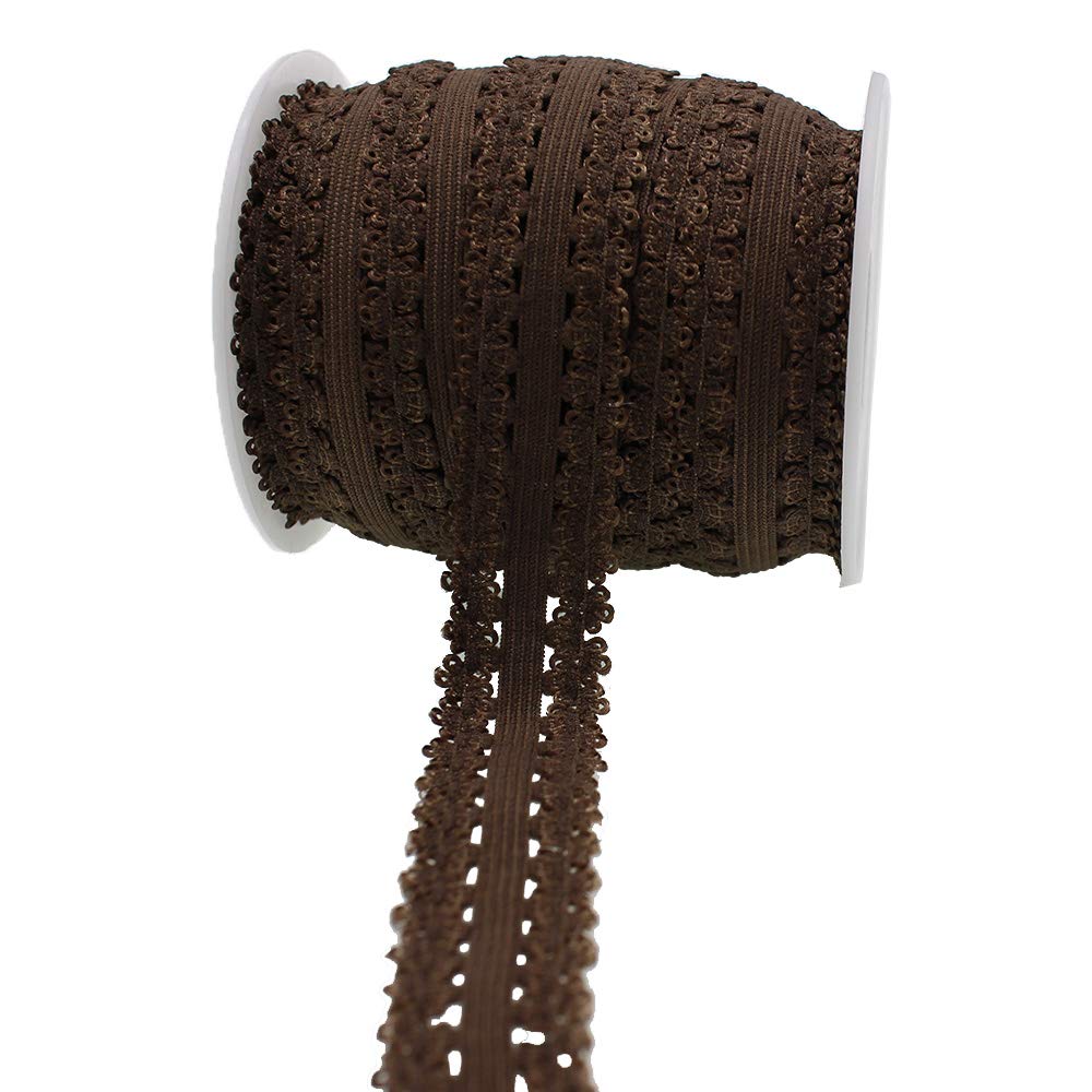 PAMIR TONG 3/4 Inch Frilly Elastic Headbands - Soft Stretch Lace Ribbon with Picot Edge for Sewing, DIY Crafts & Baby Hair Accessories - 16 Yards Dark Coffee Trim for Clothing, Headbands & Home Decor Projects