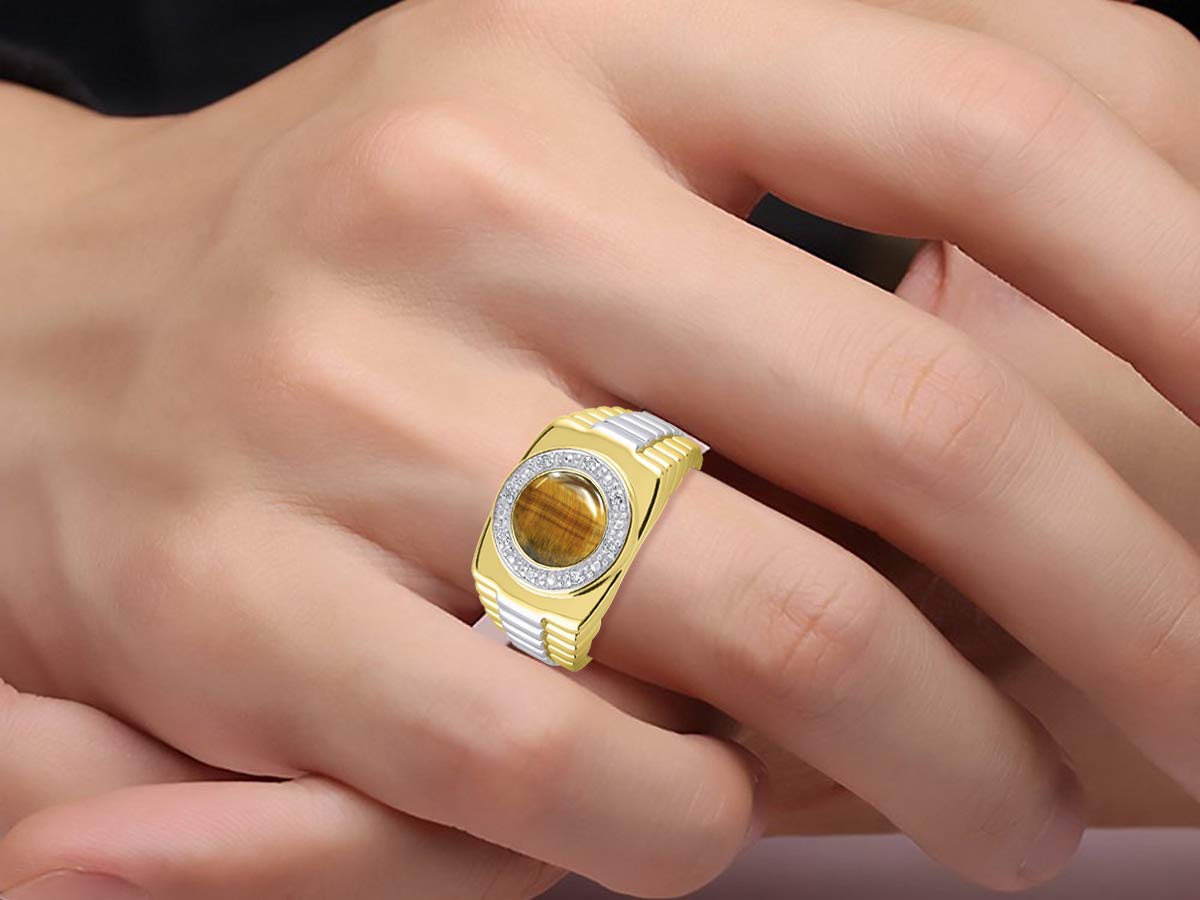 Rylos Men's Rings: Round Cabochon Gemstone & Diamond Designer Rings for Men – Yellow Gold Plated Silver Ring Sizes 8-13 | Stylish Wedding Band, Anniversary Gift & Everyday Luxury Jewelry