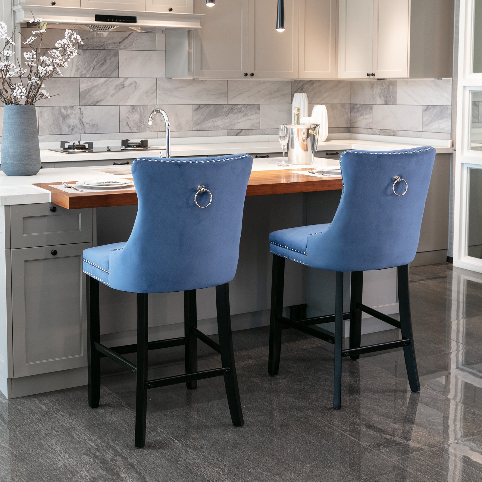 Modern Velvet Upholstered Bar Stools with Button Tufted Back & Wooden Legs - Chrome Nailhead Trim Accent - Set of 2 Blue Bar Chairs (SW2002BL) for Kitchen Island, Breakfast Nook & Home Bar Decor