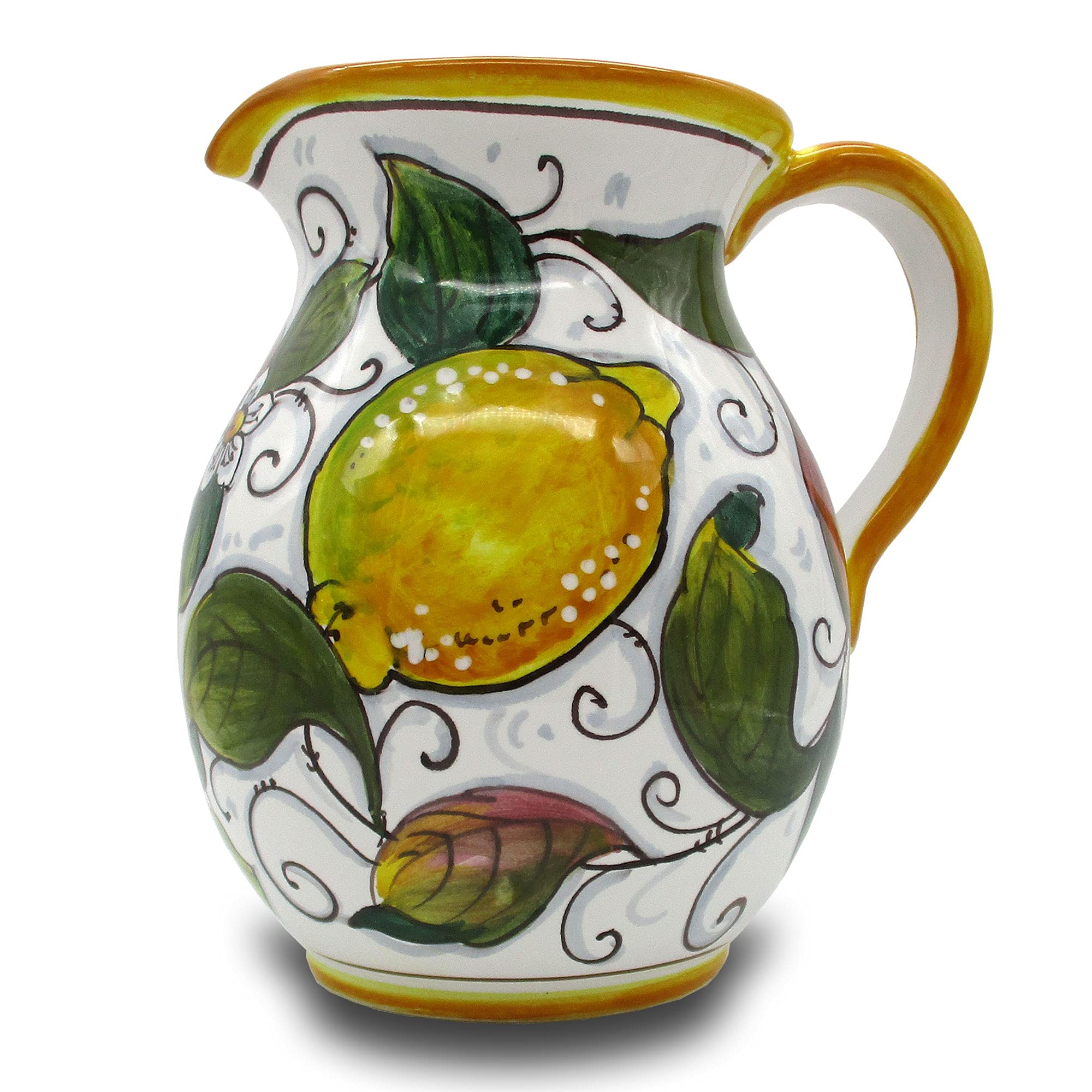 Italian Ceramic Pitcher with Mixed Fruits Design - 33 oz Hand-Painted Kitchen Carafe, Utensil Holder & Wine Dispenser - Tuscan Pottery Vase for Home Decor - Perfect for Dining Tables, Kitchen Countertops & Gift Giving