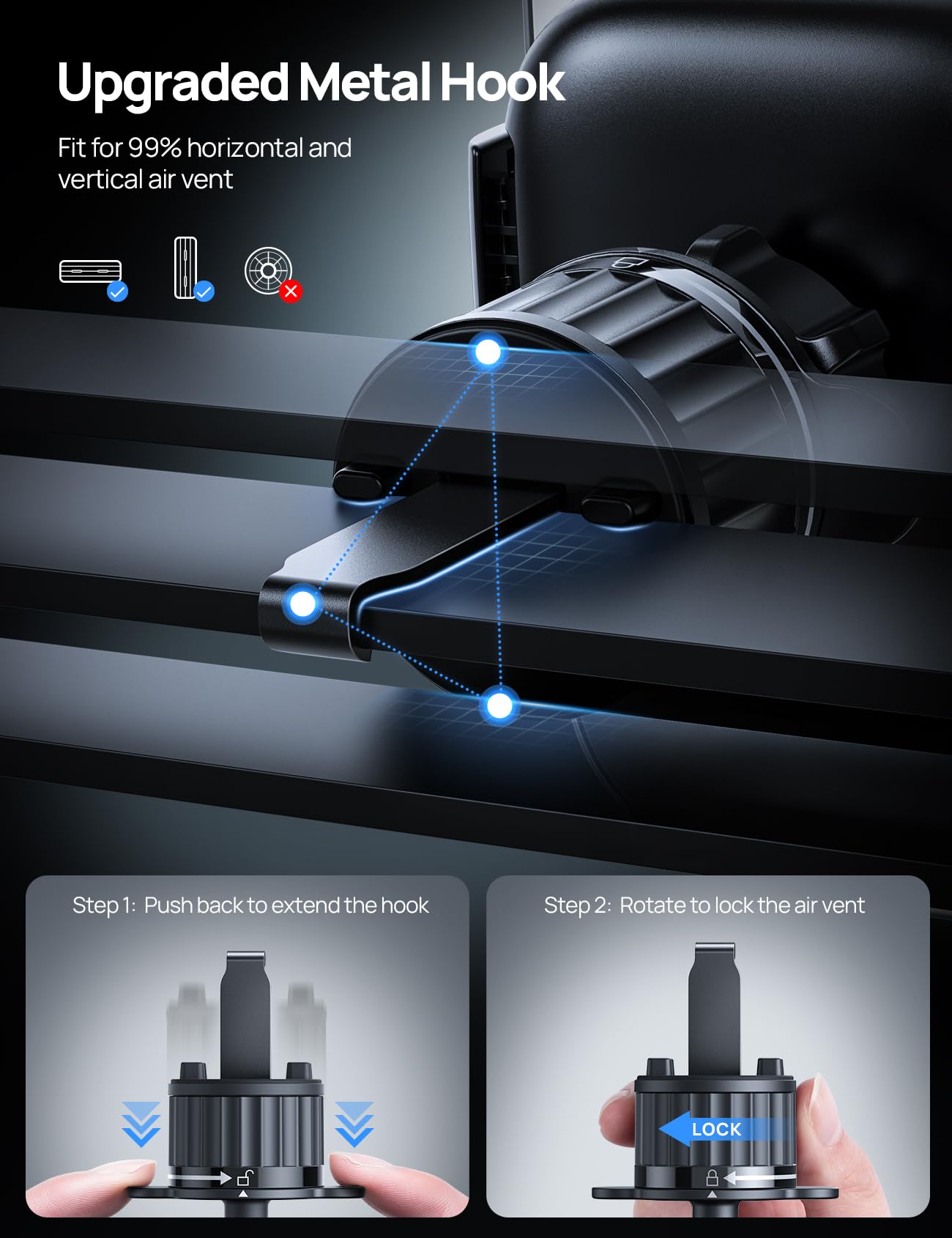 Universal Car Phone Mount Vent Holder - 1-Second Release Spring Metal Clip for iPhone 15 Pro Max, Samsung & 4-7