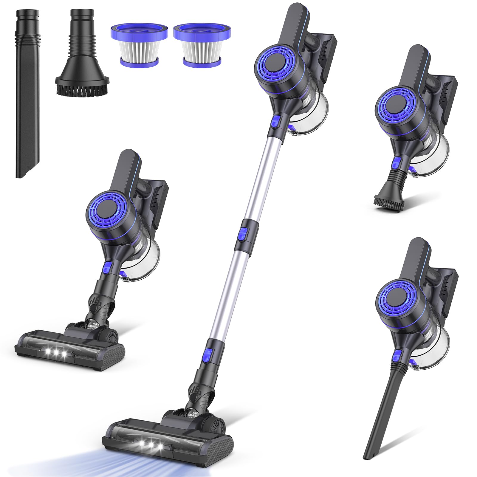 EICOBOT 20000Pa Powerful Cordless Vacuum Cleaner - 35 Mins Runtime, 1.5L Dust Cup, 6-in-1 Lightweight Stick Vacuum with Detachable Battery for Hardwood Floors, Pet Hair, Car Cleaning - Dark Blue | Perfect for Home, Office & Auto Detailing