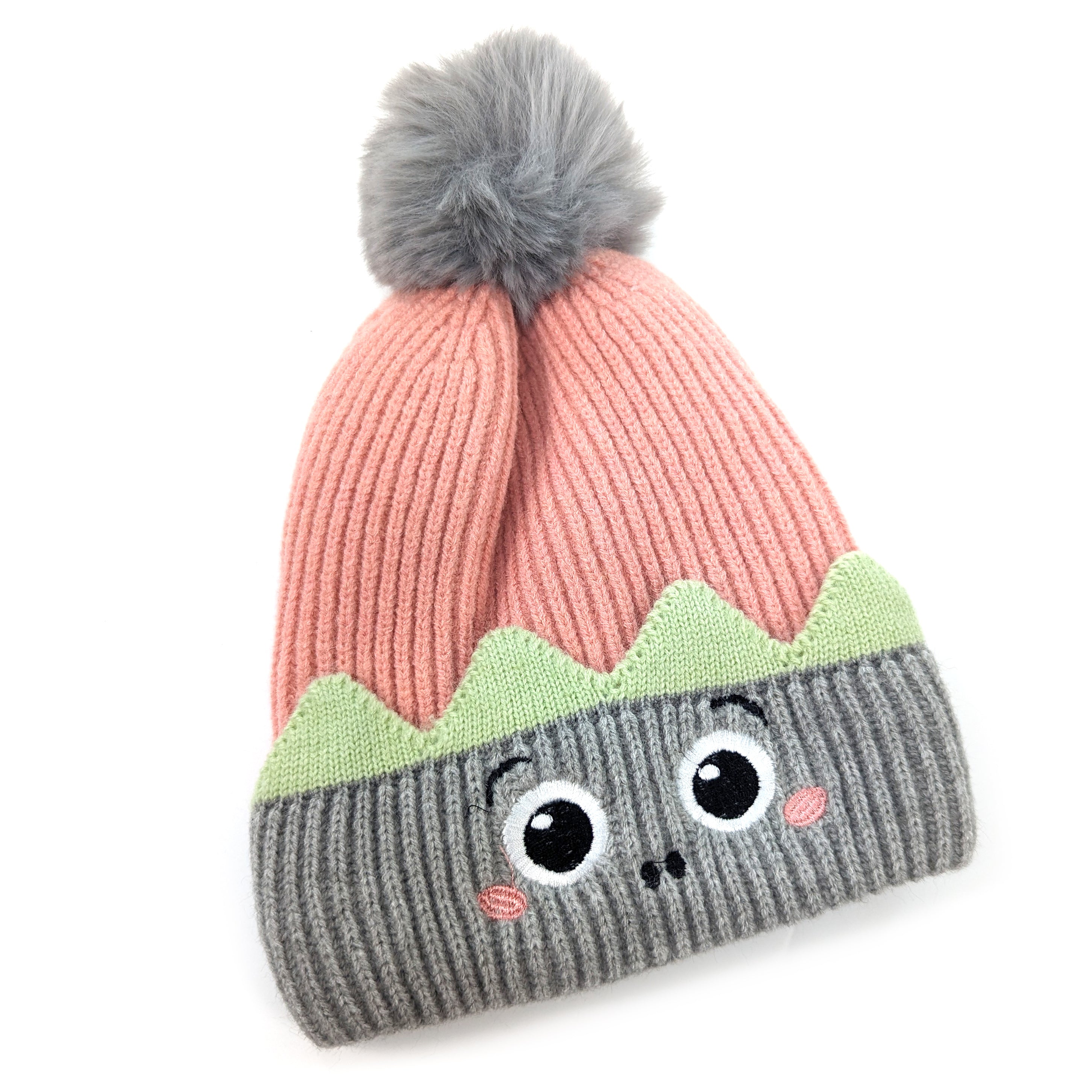 Kids Monster Bobble Hat - Pink & Grey Winter Beanie for Boys & Girls (Ages 2-8) | Cute Animal Ear Hat for Outdoor Play, School & Family Photos