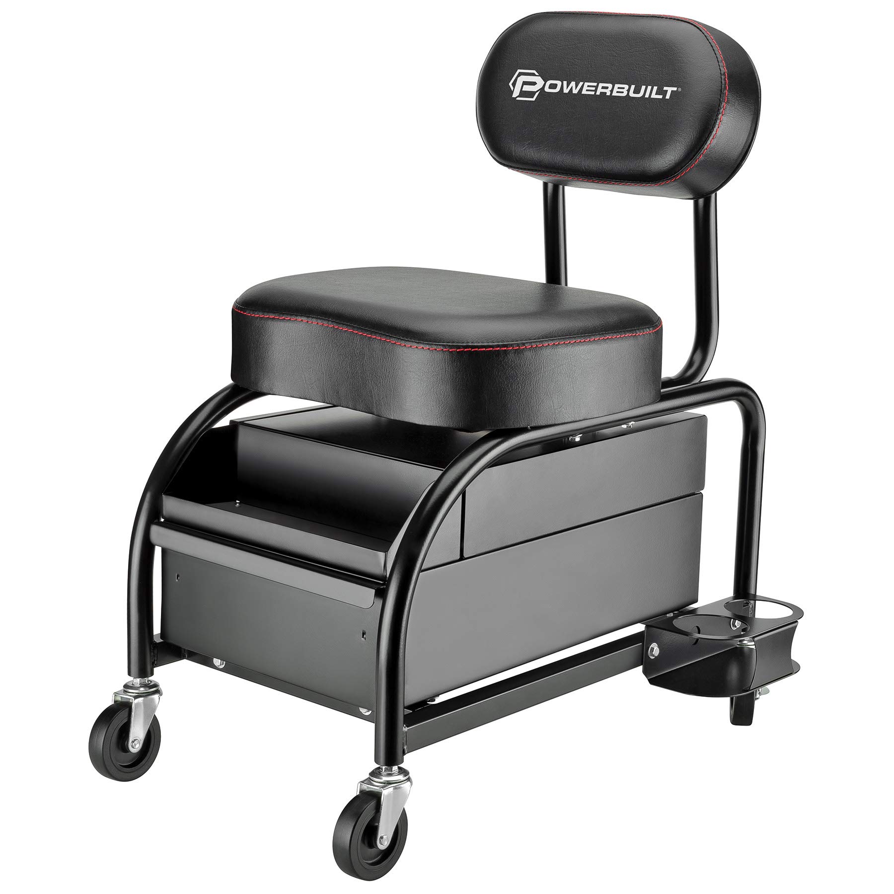 Powerbuilt Professional Car Detailers Mechanics Roller Seat - Heavy Duty Garage Stool with Padded Seat & Backrest, 2 Sliding Storage Drawers, Tool Tray & Cup Holders - 3