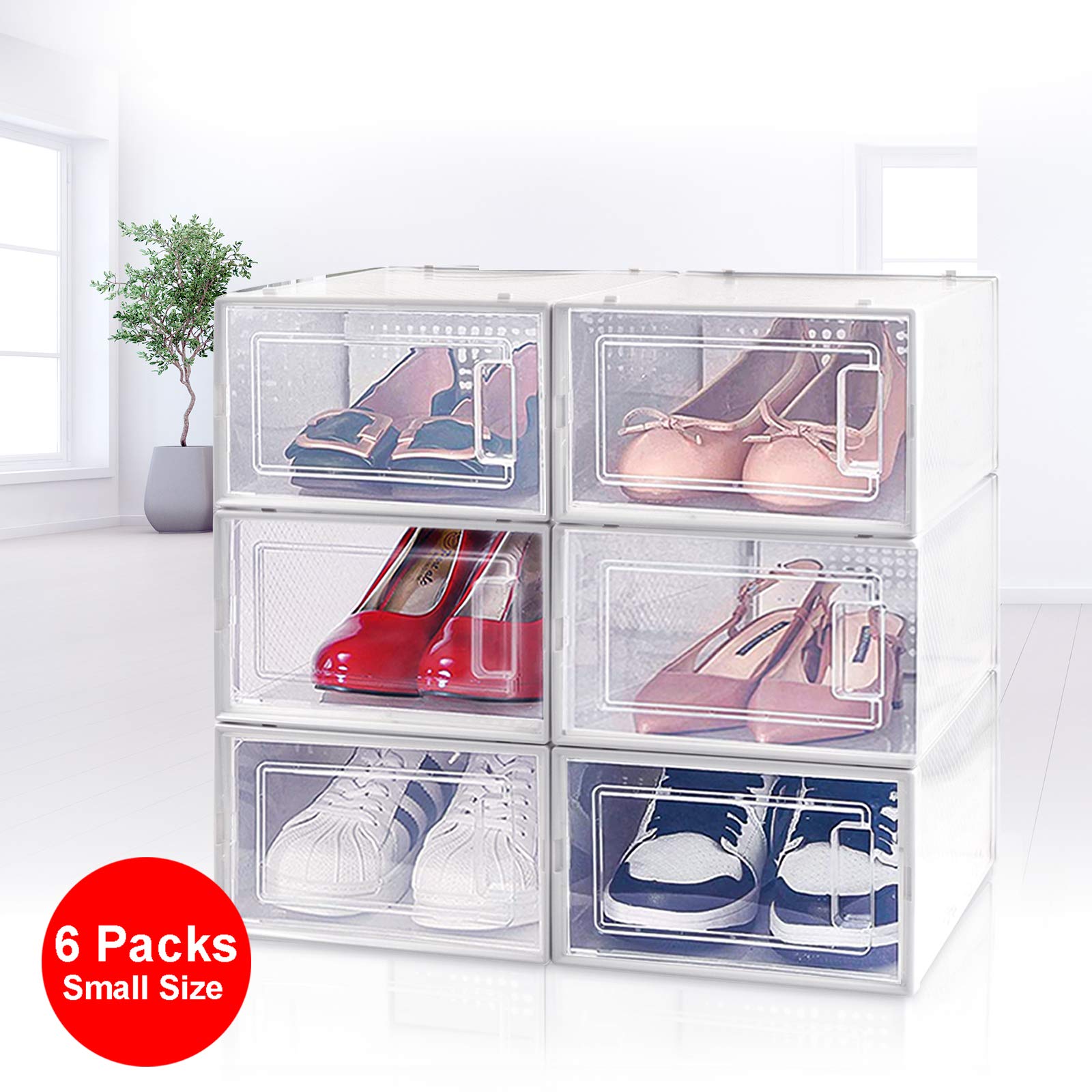 6-Tier Collapsible Stackable Shoe Organizer Rack - Clear Plastic Shoe Storage Cabinet for Closet & Entryway - Space Saving Shoe Boxes with Lids for Men, Women, Kids (Small/Medium/Large) - Perfect for Sneakers, Boots & Seasonal Shoe Organization