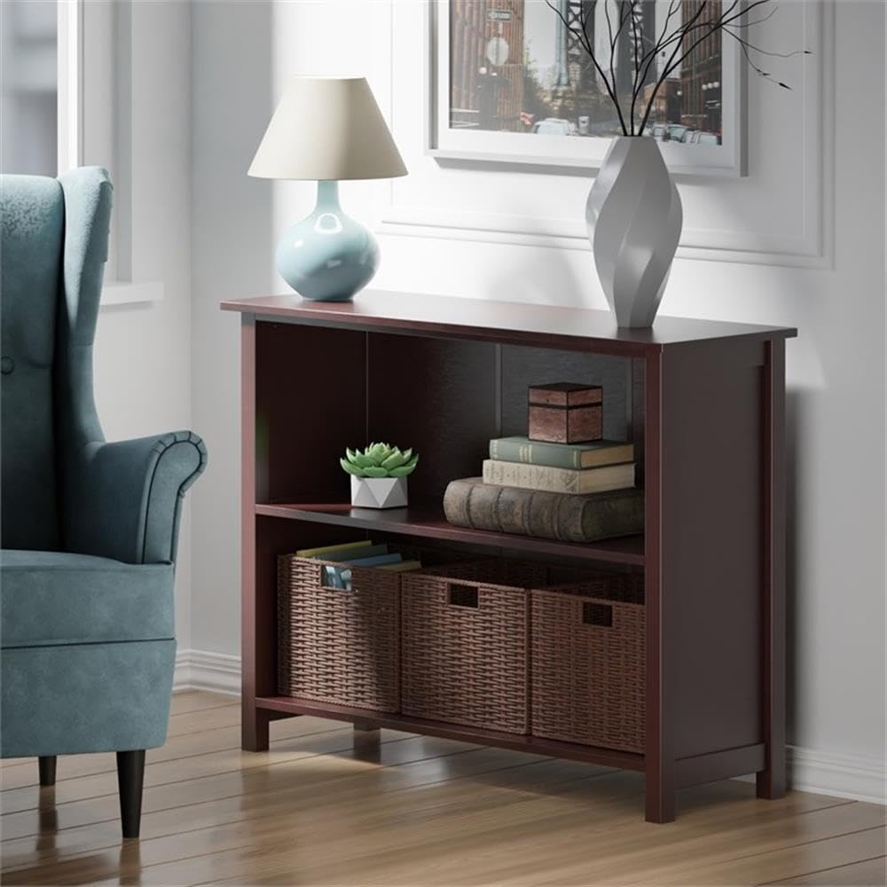 Winsome Wood Milan 4-Piece Storage Shelf with 3 Foldable Woven Baskets in Walnut Finish - Space-Saving Organizer for Bedroom, Bathroom, or Office