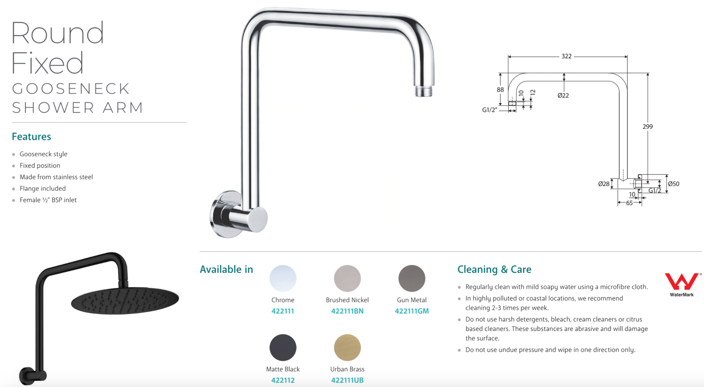 Fienza 422111MW Kaya Round Fixed Gooseneck Shower Arm in Matte White - Durable Bathroom Fixture for Modern Showers & Spa-Like Experience