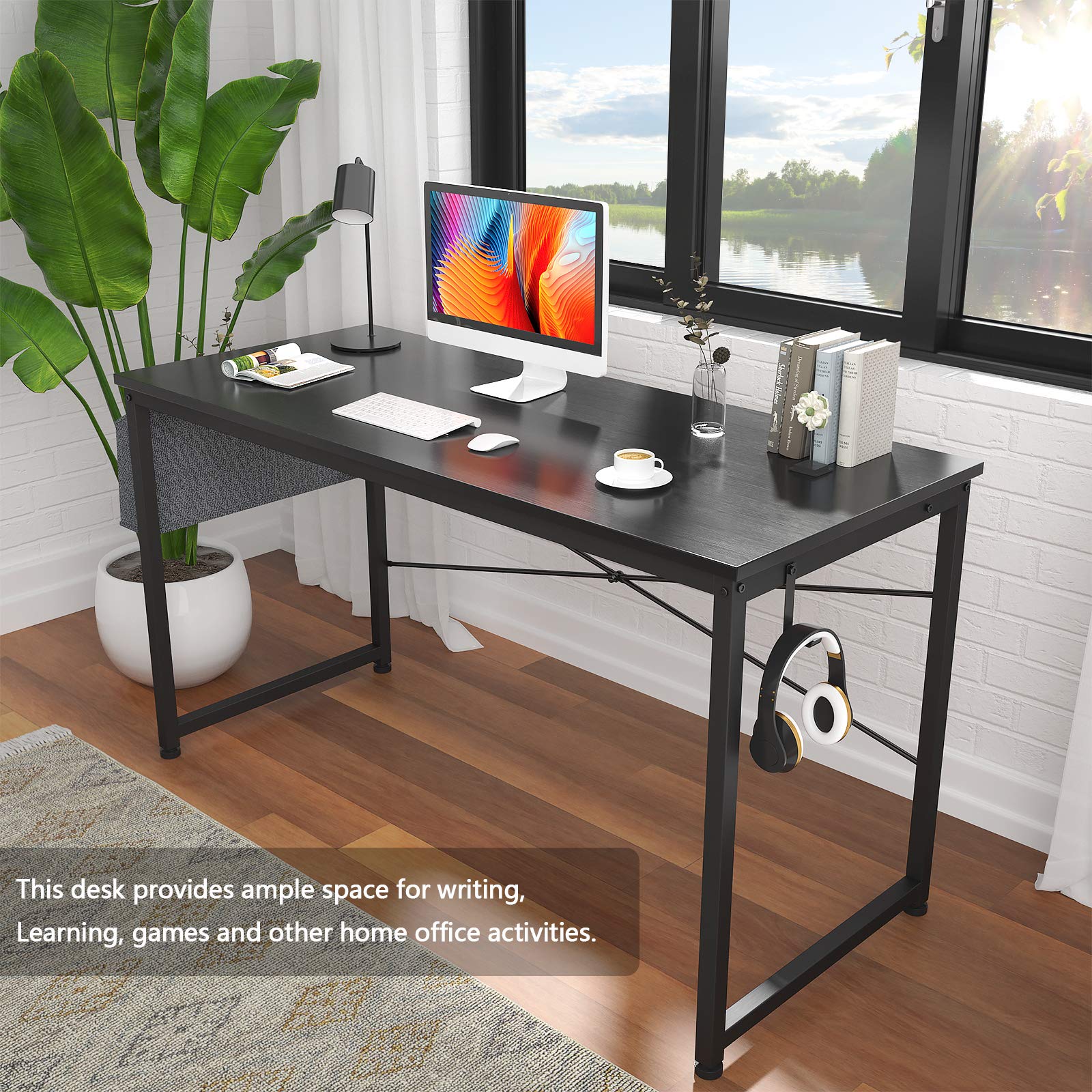 HomVent 47-inch Modern Computer Desk - Home Office Desk, Writing Study Table with Storage Bag, Waterproof & Durable (Black) - Perfect for Small Spaces, Remote Work, and Online Learning