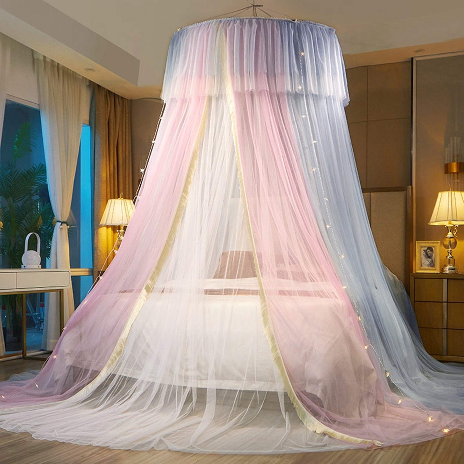 Princess Bed Canopy for Girls - Double Layer Sheer Mesh Dome Bed Curtain with Round Lace, Mosquito Net Tent for Twin Full Queen King Size Beds (Pink/Grey/White) - Perfect for Kids' Bedrooms, Nursery Decor, and Fairy Tale Themed Parties