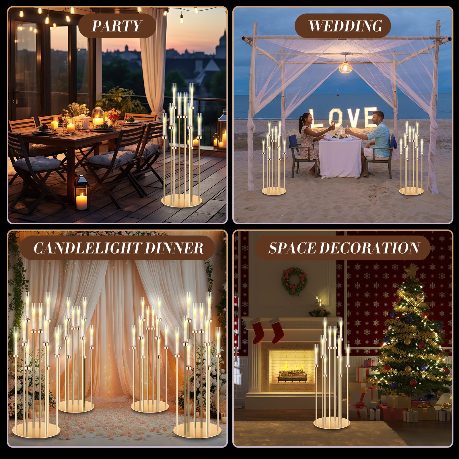 Tandefio 4-Piece 10-Arm Gold Wedding Candelabra Set with 40 LED Candles - 46.5