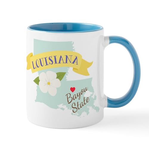 White/Blue Inside - Louisiana Bayou State Outline Magnolia Flower Mugs
