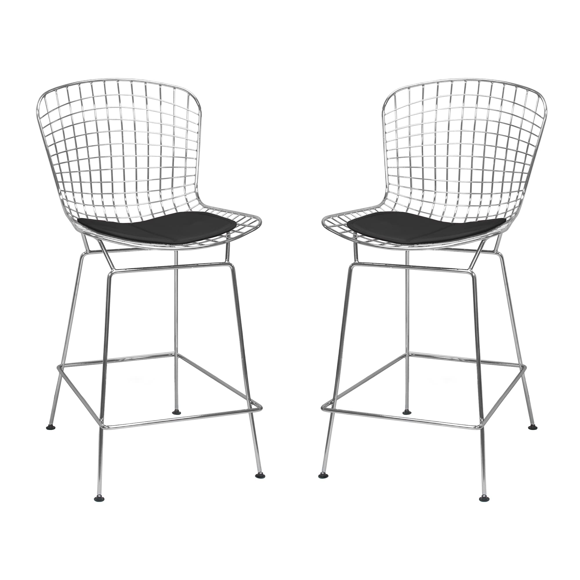 Vintage Mid Century Modern Chrome Wire Counter Stools - Set of 2 Black Bar Stools for Kitchen Island, Breakfast Nook or Home Bar Decor - Retro Diner Style Seating