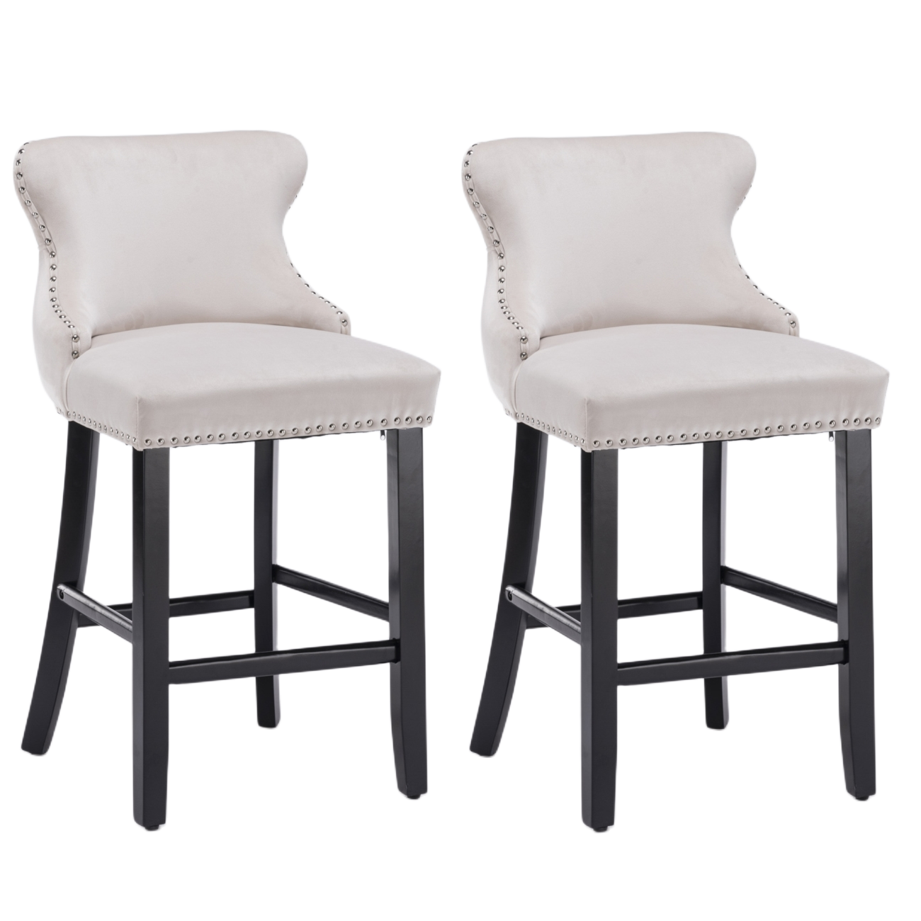 Velvet Upholstered Button Tufted Bar Stools with Wood Legs and Studs - Set of 2 Beige Counter Height Stools for Kitchen Island, Breakfast Bar or Home Decor