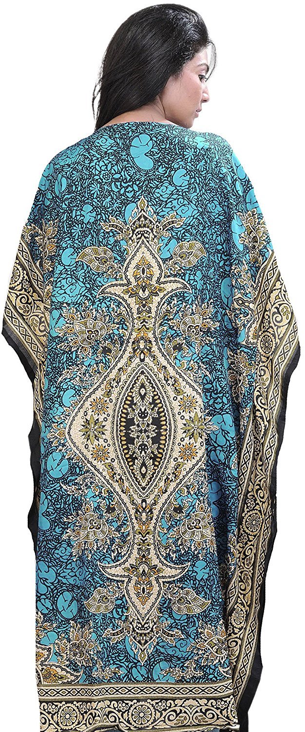 Royal Essentials Women's Tribal Ethnic Print Kaftan Dress - Flowy Boho Maxi Dress for Beach, Vacation & Summer (Teal)