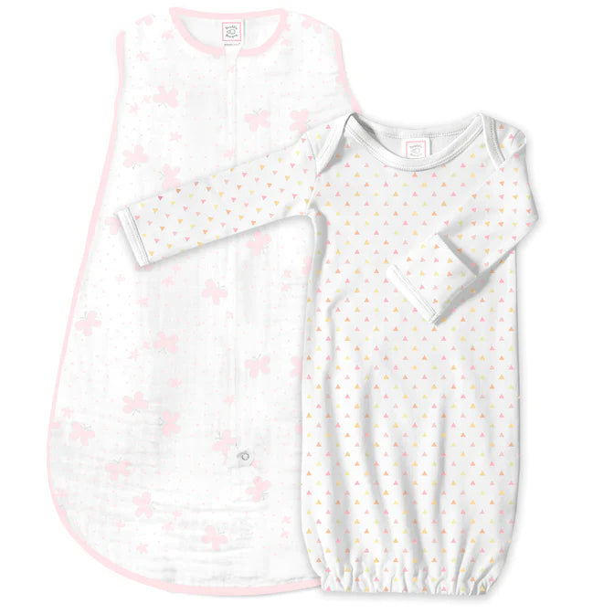 Muslin Non-Weighted zzZipMe Gown & Sack Set - Butterfly Print Baby Sleepwear (BGB 0042) | Soft Newborn Swaddle Outfit for Hospital, Home & Photo Shoots