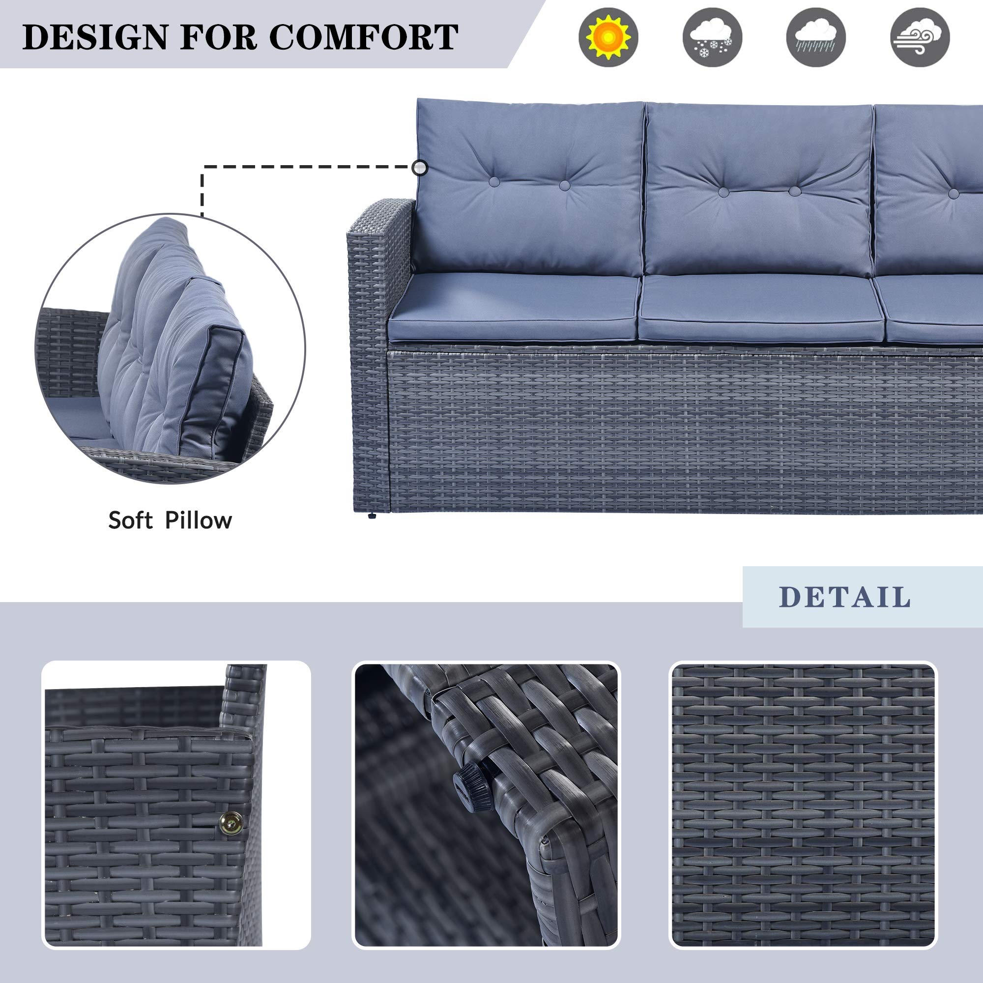 Polibi 6-Piece All-Weather Grey PE Rattan Patio Furniture Set - Outdoor Wicker Sofa Set with Coffee Table, 3-Seater Couch, 2 Chairs, 2 Ottomans & Removable Light Gray Cushions - Perfect for Garden, Poolside, Backyard & Balcony Relaxation