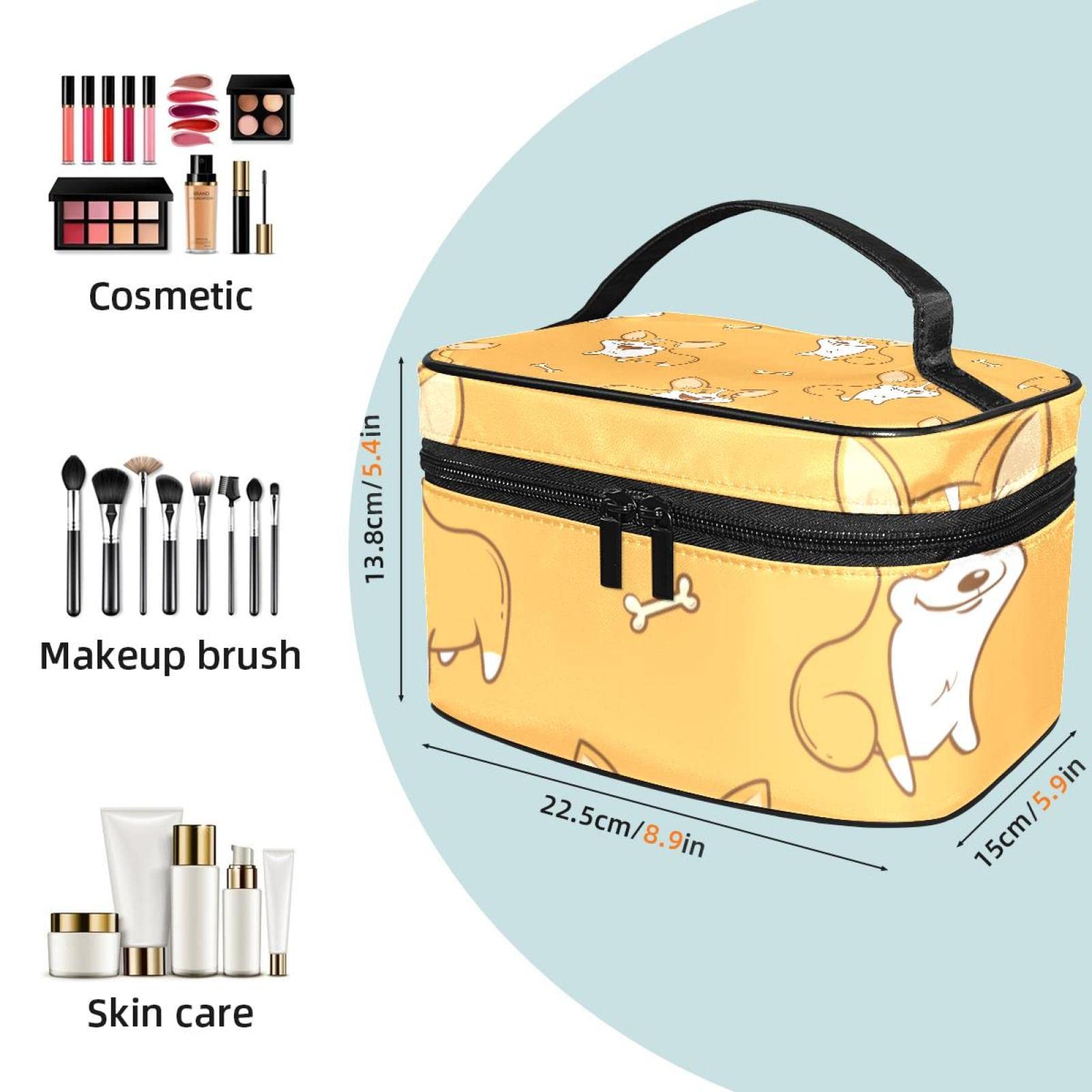 Funny Cartoon Corgi Bones Pattern Makeup Bag - Waterproof Travel Cosmetic Pouch for Women & Girls - Zippered Makeup Organizer for Toiletries, Brushes & Accessories - Perfect for Travel, Gym & Daily Use