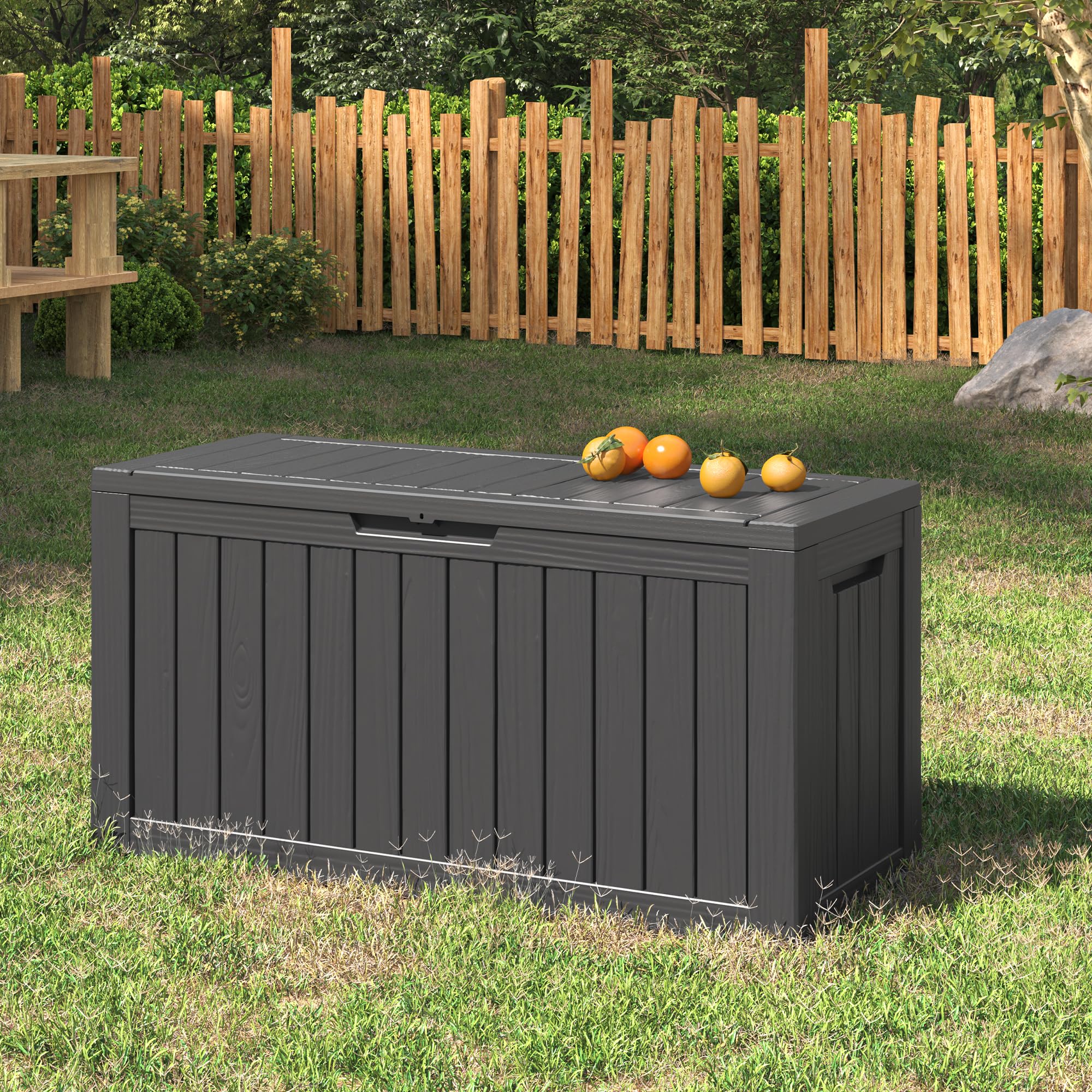 74 Gallon Outdoor Storage Box by NUNU LAB - Large Waterproof Resin Deck Box with Double Wall Panels - Perfect for Backyard, Garden Tool & Hose Storage, Package Delivery Organization - Durable Outdoor Storage Solution for Patio, Yard & Poolside
