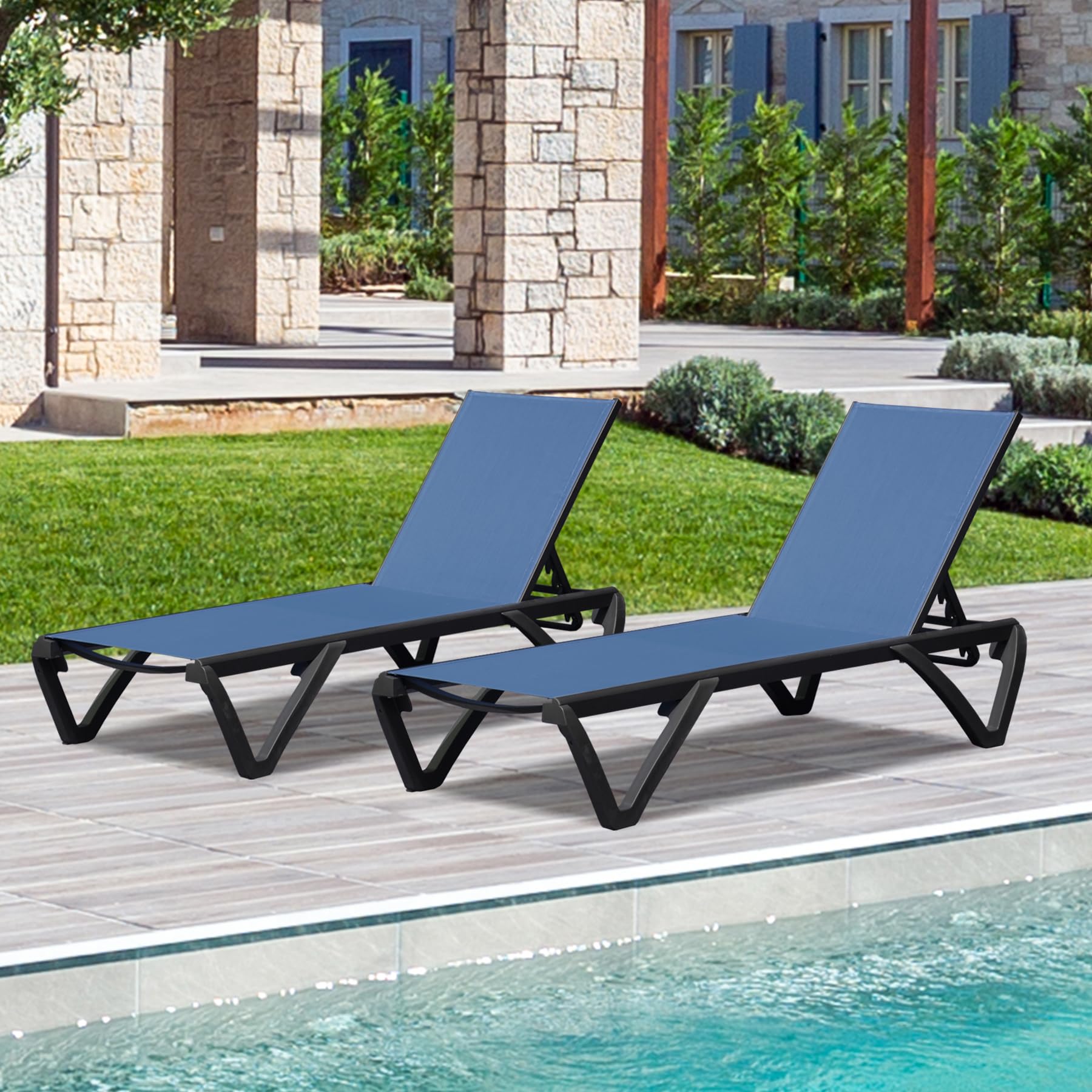 Domi Adjustable Aluminum & Plastic Pool Lounge Chairs Set of 2 - All-Weather Outdoor Chaise Lounge for Beach, Poolside & Lawn (Navy Blue Textilene) | Perfect for Sunbathing, Relaxing by the Pool & Backyard Lounging