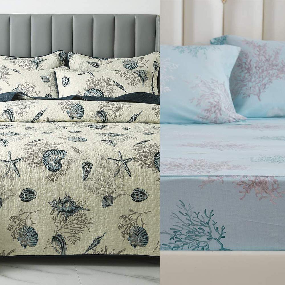 Brandream 7-Piece Nautical Bed in a Bag Coastal Beach Seashells Bedding Set Queen Size (Quilt, Pillow Shams, Fitted Sheet, Flat Sheet, Pillowcases) - Perfect for Beach House Decor, Guest Room & Coastal Themed Bedrooms