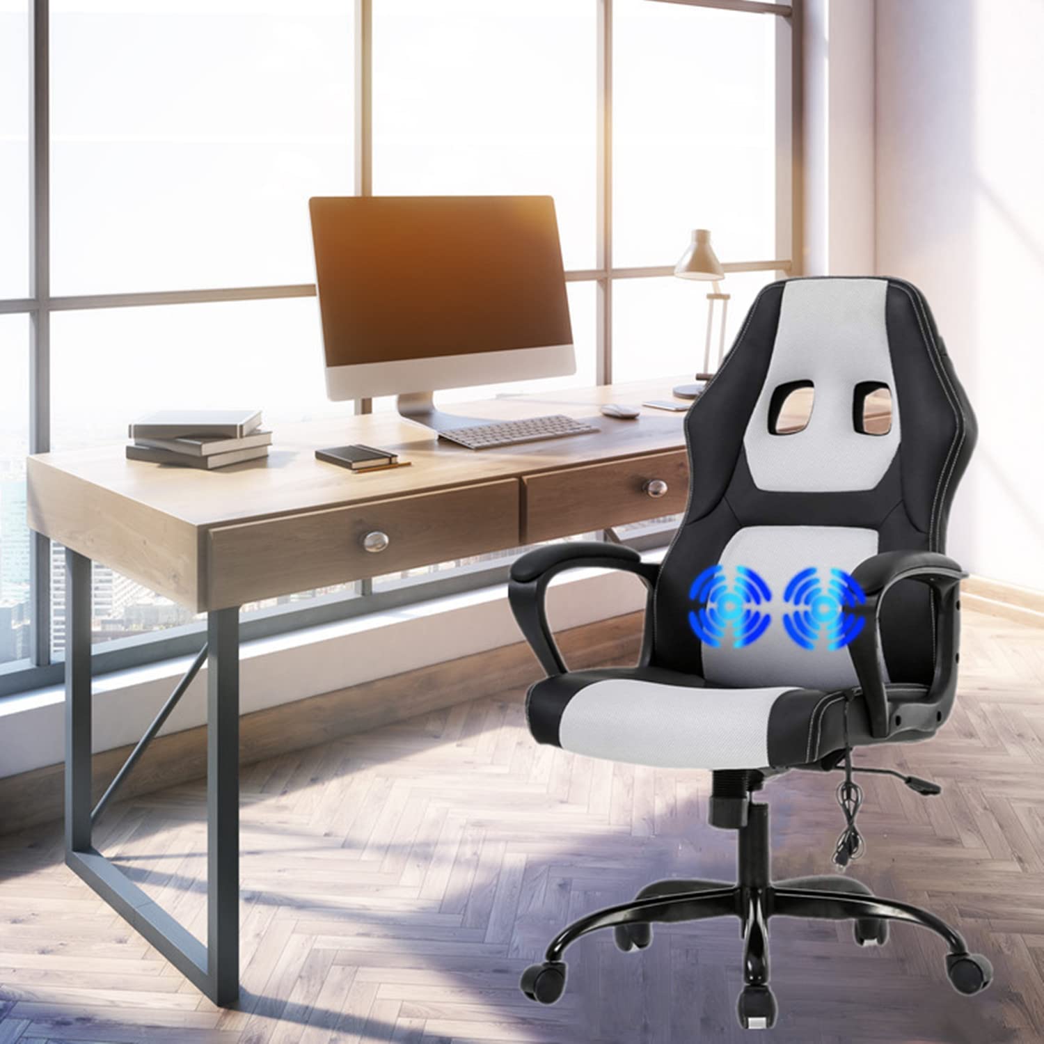 Ergonomic Gaming Chair with Massage & Lumbar Support - Adjustable Reclining Office Computer Chair with Headrest & Armrest - Rolling Swivel Video Game Chair for Adults & Teens - Perfect for Esports, Streaming & Home Office (White)