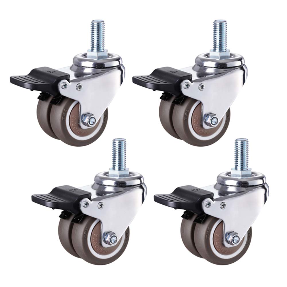 40mm Double Wheels Swivel Stem Casters (4 Pack) - M8x25mm Bolt - 50kg Capacity - TPE Rubber Office Chair Replacement Wheels - Heavy Duty Furniture Trolley Casters with Brake - Perfect for Office Chairs, Workstations, and Industrial Equipment