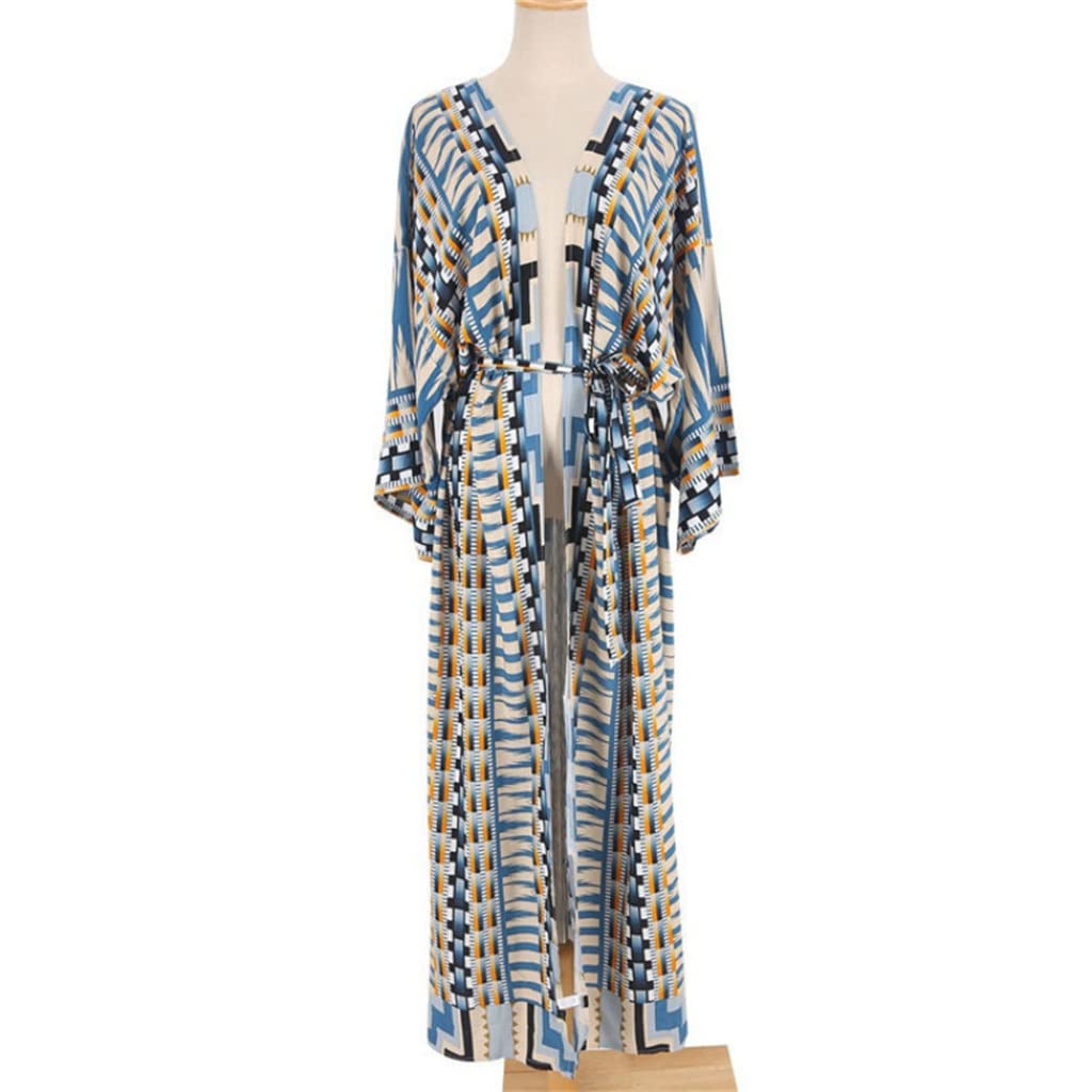 Boho Floral Print Kimono Robe - Women's Long Sleeve Beach Cover Up Tunic with Matching Skirt - Plus Size Blue One Size - Perfect for Beach Vacations, Pool Parties & Summer Outfits
