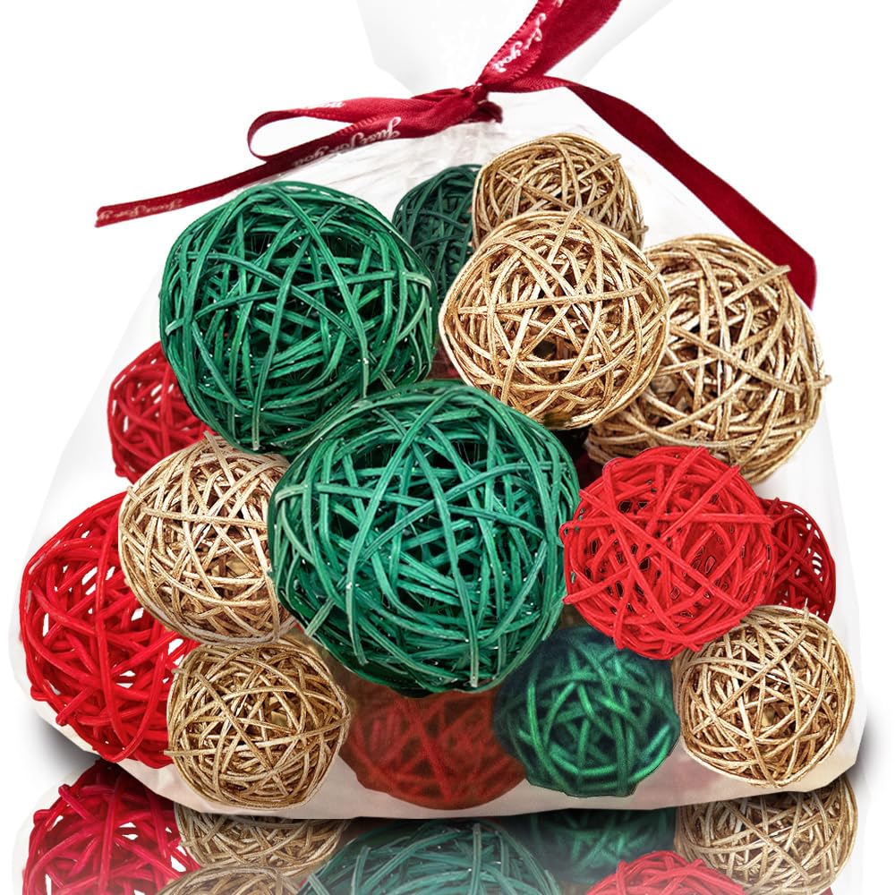 Qingbei Rina Christmas Wicker Rattan Balls - 20 PCS Decorative Orbs in Red, Green & Gold for Xmas Vase Fillers, Centerpieces & Bowl Decor | Perfect for Holiday Home Decor, Table Settings & Festive Gift Wrapping