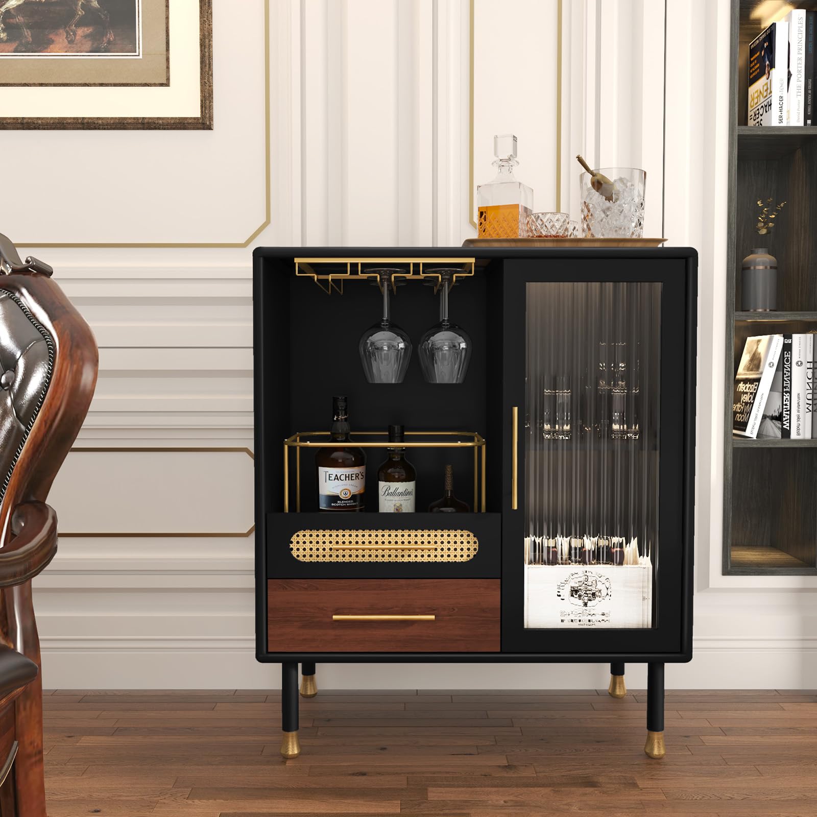 Modern Coffee Bar Cabinet with Wine Glass Rack & Storage Drawers - Black Kitchen Liquor Cabinet with Pull-Out Wine Rack for Dining Room, Living Room & Home Bar - Perfect for Entertaining Guests & Stylish Home Decor