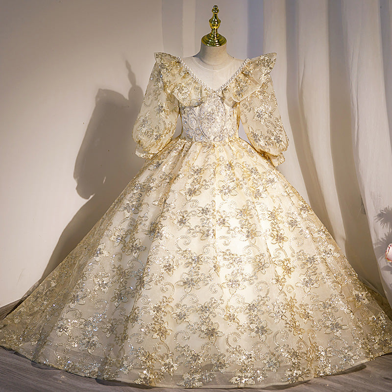 Sparkling Gold Sequined A-Line Flower Girl Dress with Elegant Lantern Sleeves | Perfect for Weddings, Pageants & Special Occasions