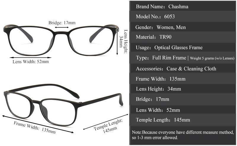 Unisex Full Rim Round Rectangle TR90 Titanium Eyeglasses Frame 6053 - Lightweight & Durable Glasses for Work, Reading & Fashion