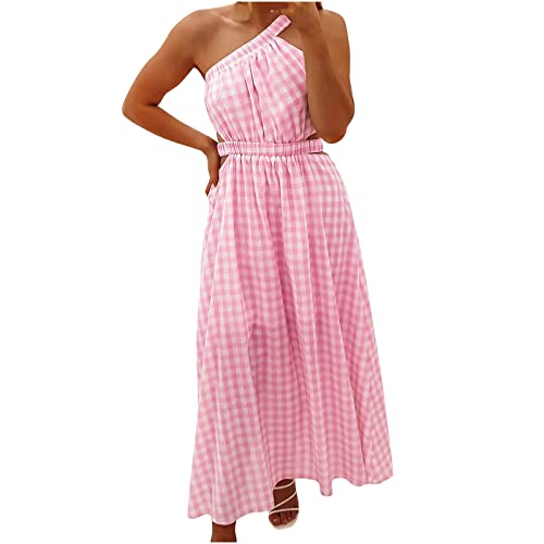 Kitimi Women's Summer Boho One Shoulder Sleeveless Solid Color Ruffle Beach Party Tiered Midi Dress - Flowy Wrap Dress for Casual Outings, Vacations & Hawaiian Luau Events