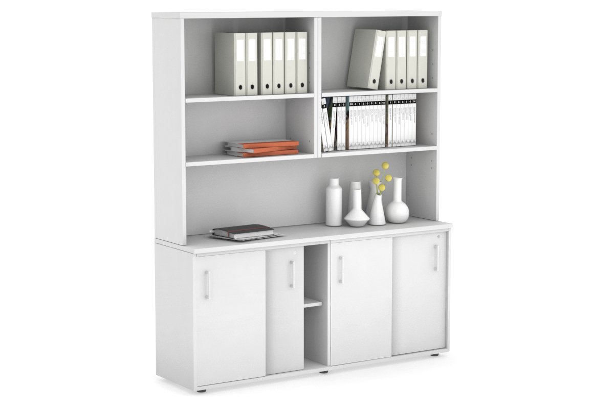 Modern White Sliding Door Credenza with Open Hutch - 1600W x 750H x 450D - Perfect for Home Office, Living Room & Bedroom Storage Organization