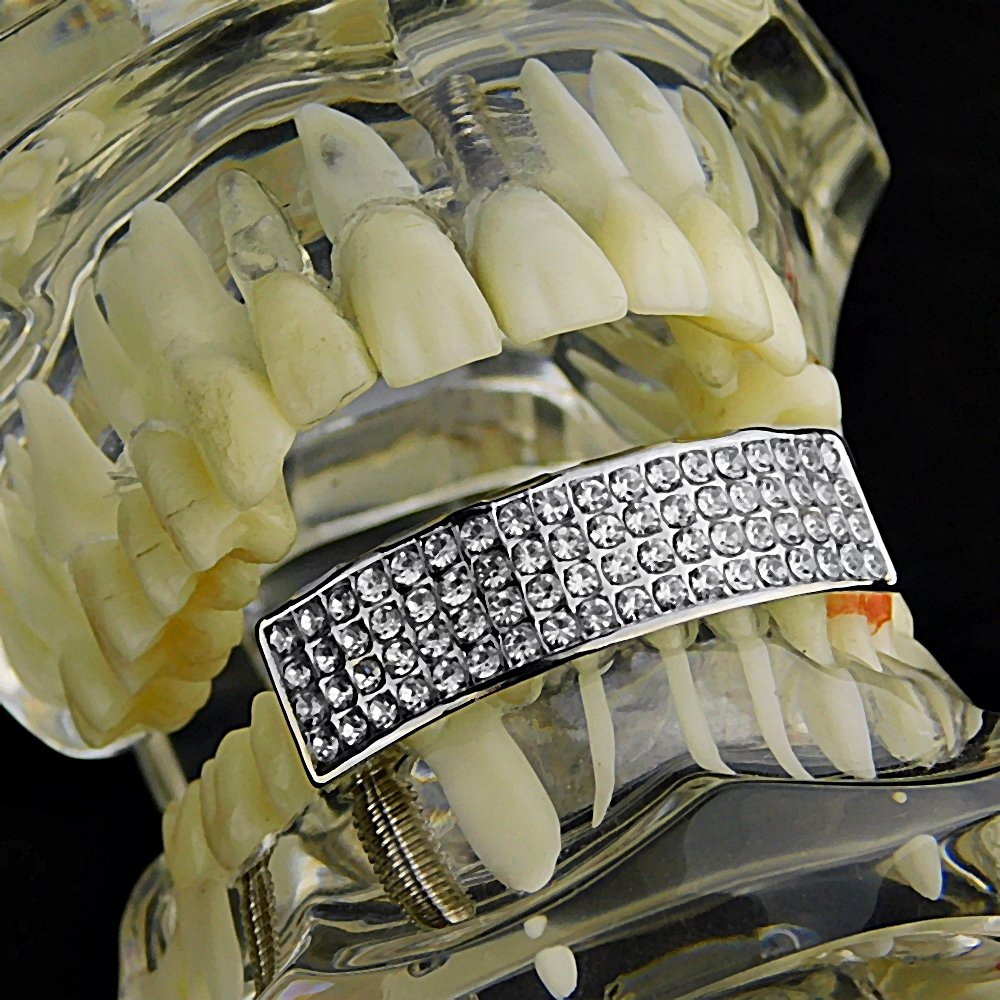 4 Row Silver Tone Hip Hop Grillz for Lower Teeth - Bling Mouth Jewelry for Men & Women - Perfect for Parties, Concerts & Rap Performances
