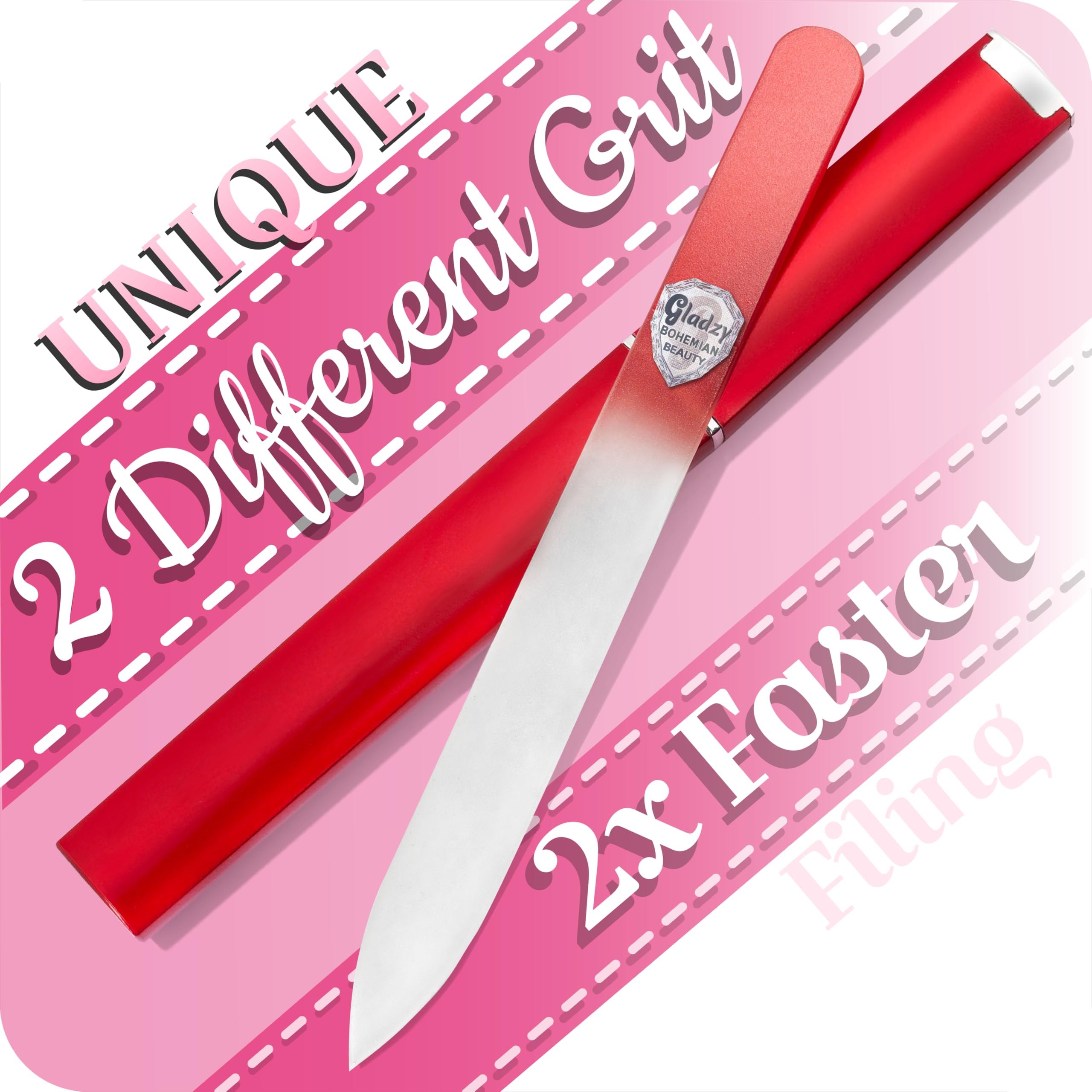 Premium GLADZY Czech Glass Nail File with Protective Case - Etched Crystal Nail File for Natural Nails Care, Double Sided Different Grit Surface (100/180), Professional Manicure & Pedicure Tool, Durable EU-Made Nail Shaper - Perfect for Home Salon, Travel & Gift Giving