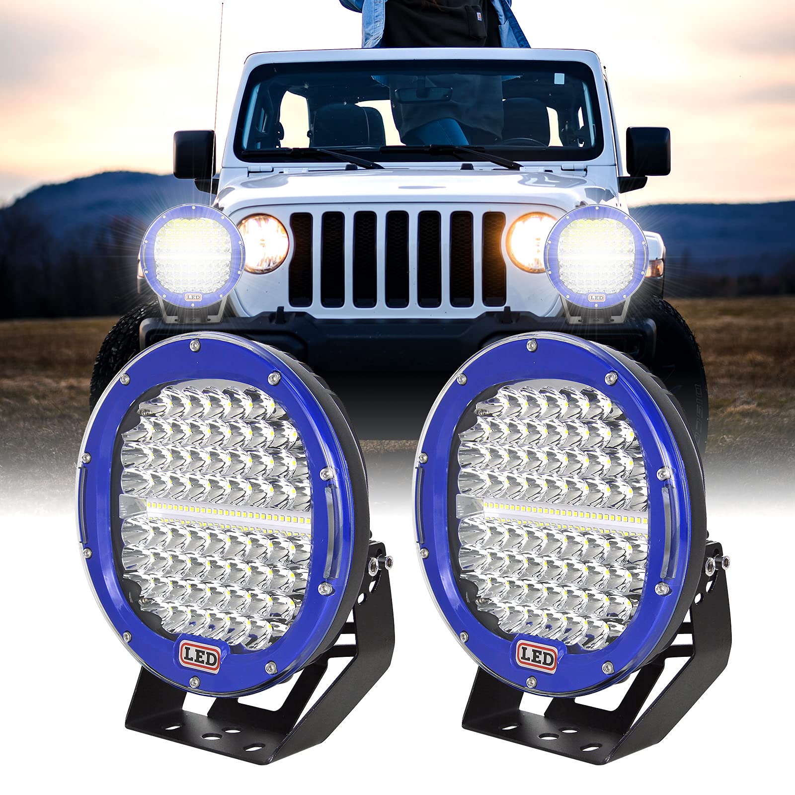 AUXTINGS 2 Pack 9 Inch 294W 24000LM Blue Round LED Light Bar - Waterproof Spot Beam Off-Road Work Lights for Trucks, SUVs, ATVs, Tractors, Boats - Perfect for Night Driving, Off-Road Adventures & Marine Lighting