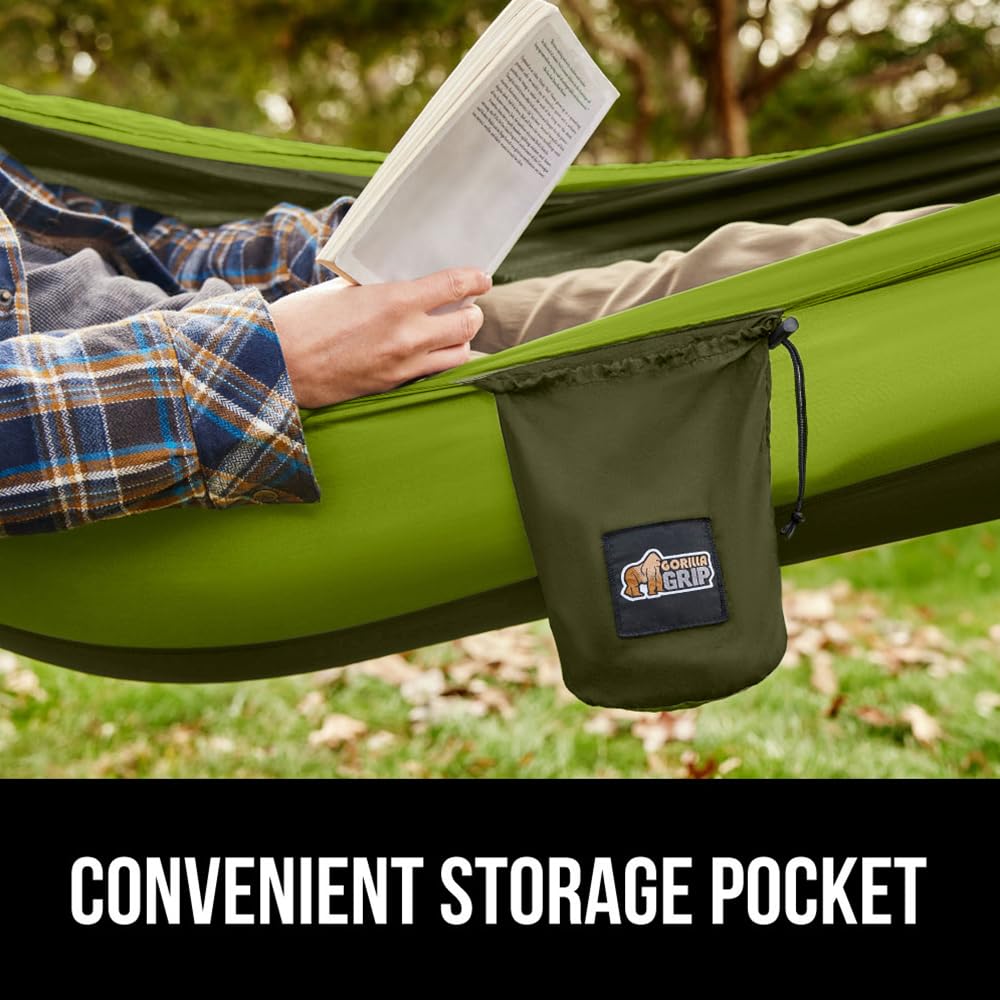 GORILLA GRIP Heavy Duty Camping Hammock - 400lb Capacity Portable Travel Hammock with Tree Straps | 10x6.5 FT Green Outdoor Hammock for Backpacking, Beach, Yard & Patio Relaxation