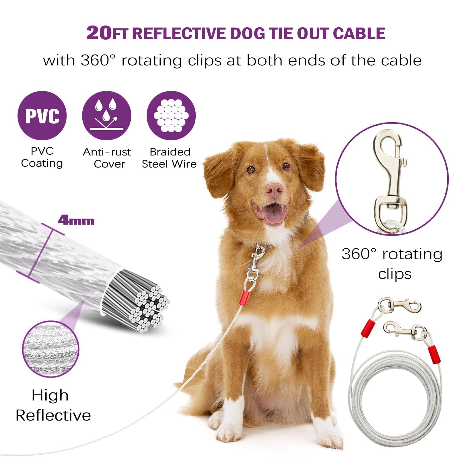 360° Swivel No Tangle Dog Tie Out Cable with Heavy Duty Stainless Steel Stake - 20ft Reflective Dog Run for Small to Large Dogs - Perfect for Backyard, Camping & Outdoor Use (Silver)